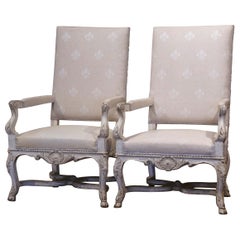 Antique Pair of 19th Century Louis XIV Carved Painted Armchairs with Fleur-de-Lys Fabric