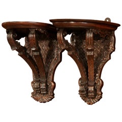 Pair of 19th Century, Louis XIV Carved Walnut and Oak Wall Brackets Consoles
