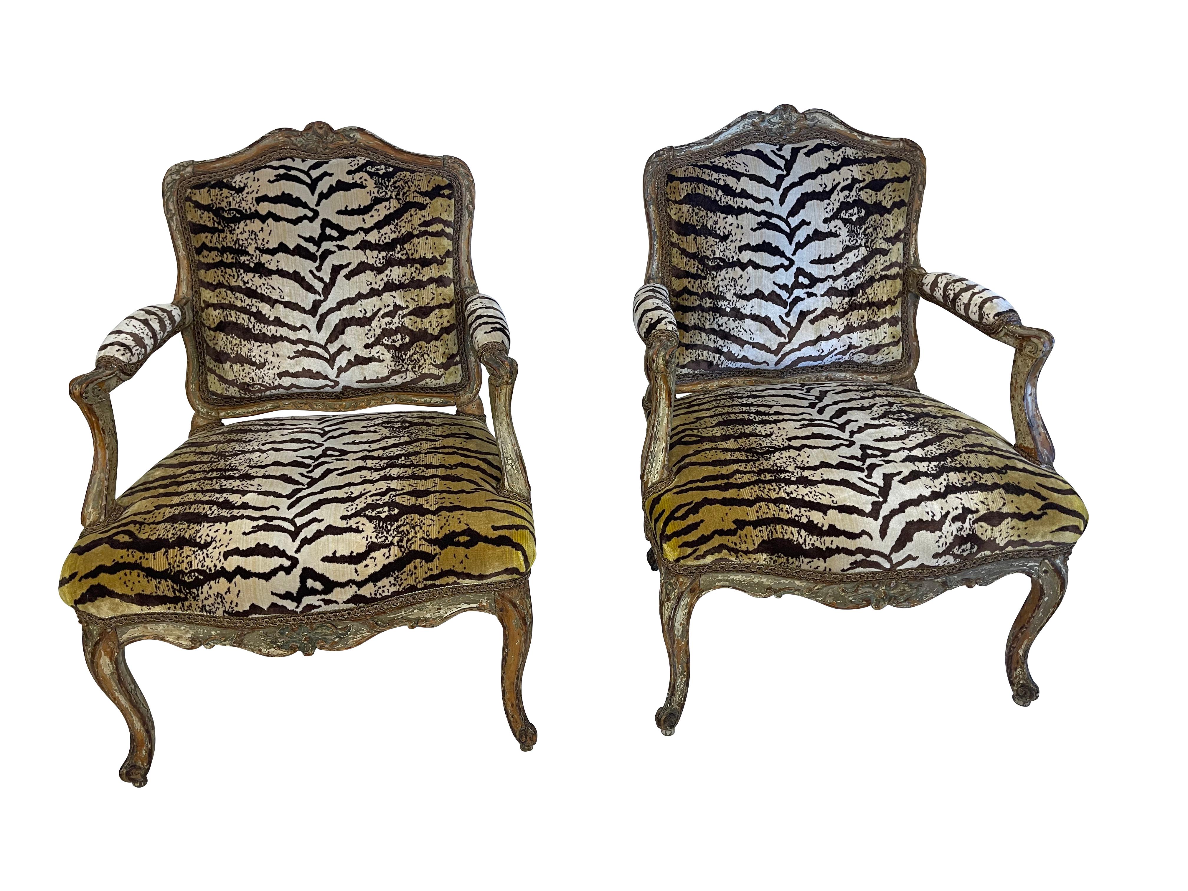 Pair of 19th Century Louis XV Armchairs in Scalamandre Le Tigre Upholstery For Sale 4