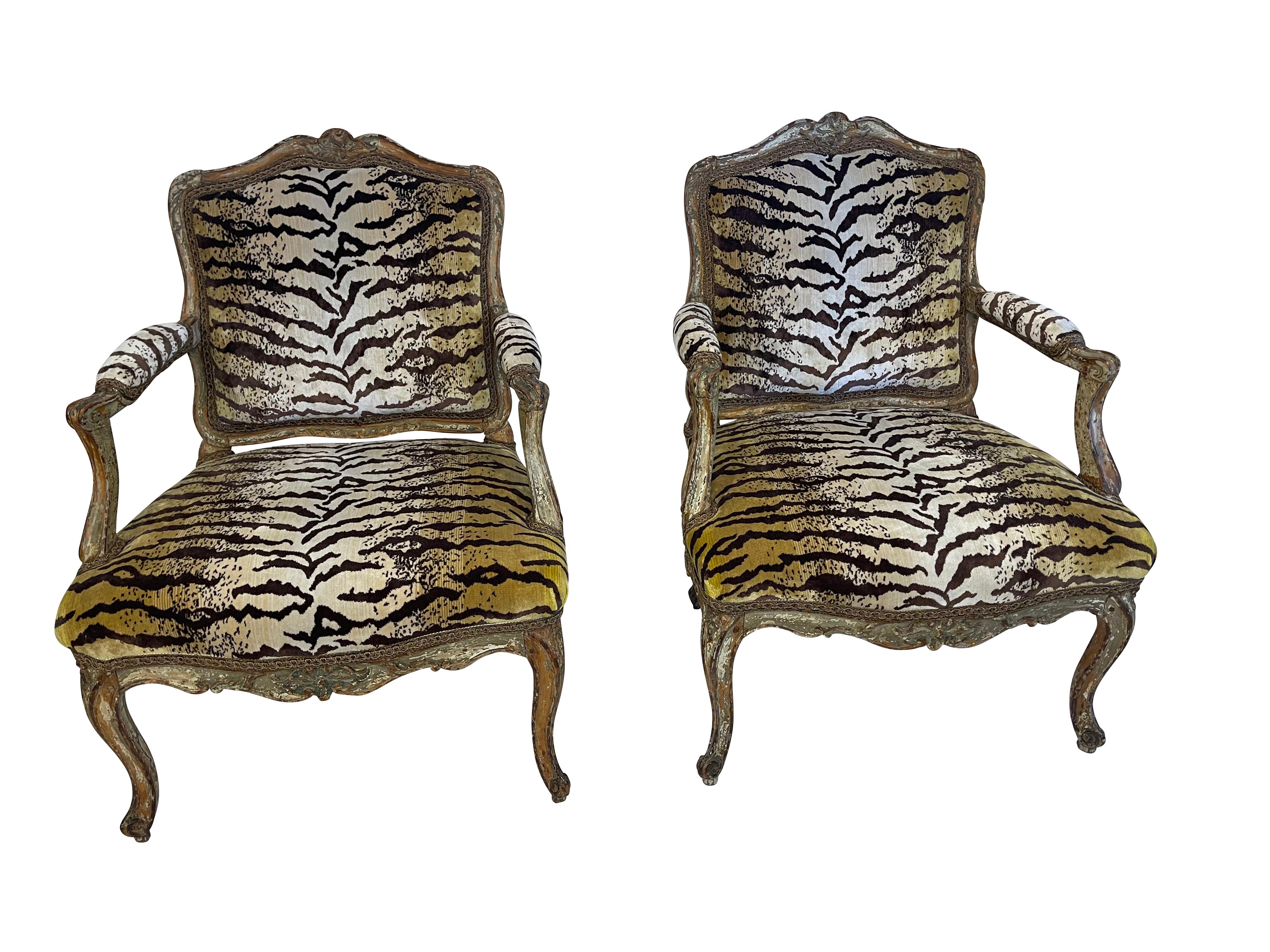 French Pair of 19th Century Louis XV Armchairs in Scalamandre Le Tigre Upholstery For Sale