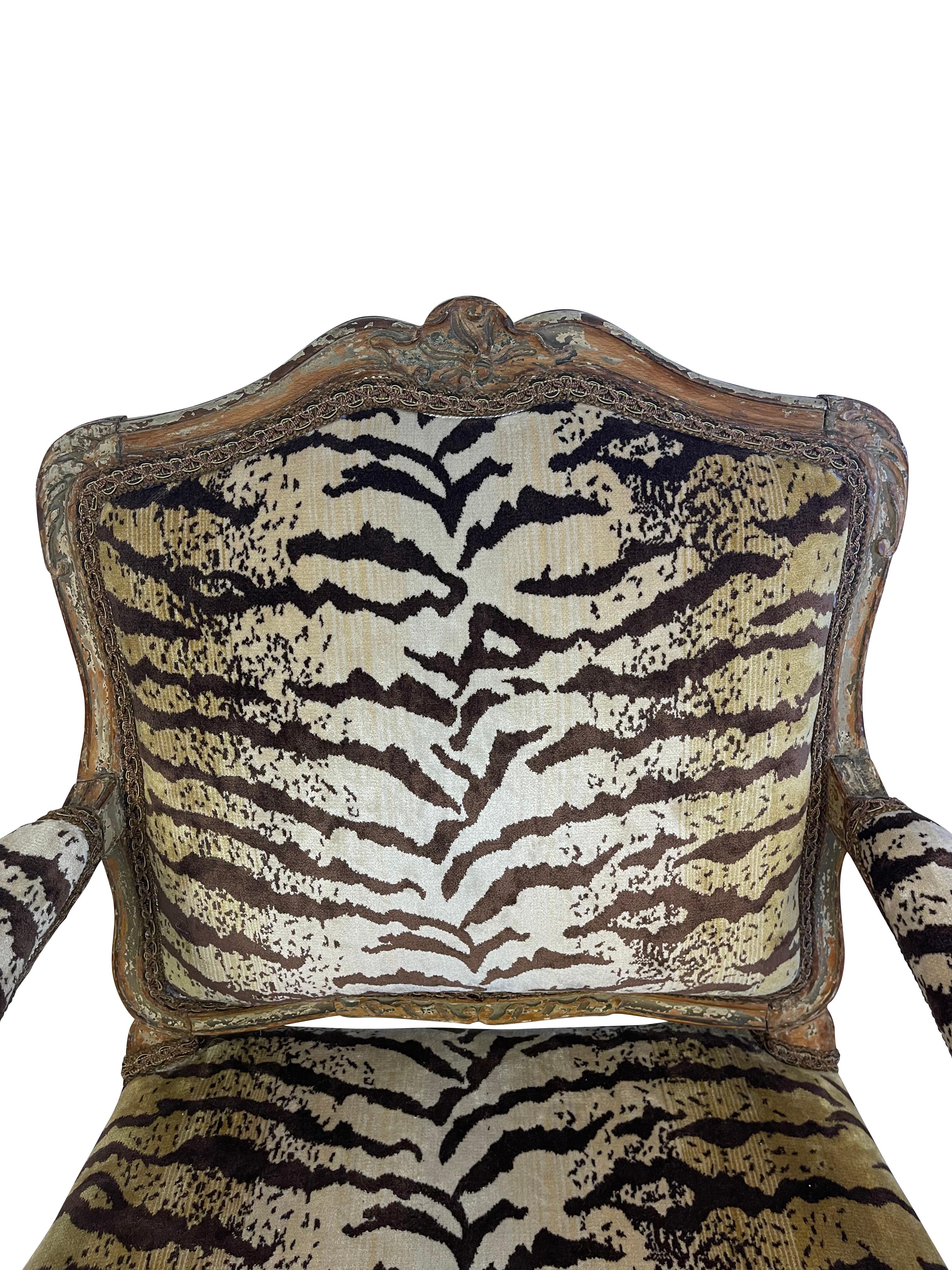 Wood Pair of 19th Century Louis XV Armchairs in Scalamandre Le Tigre Upholstery For Sale