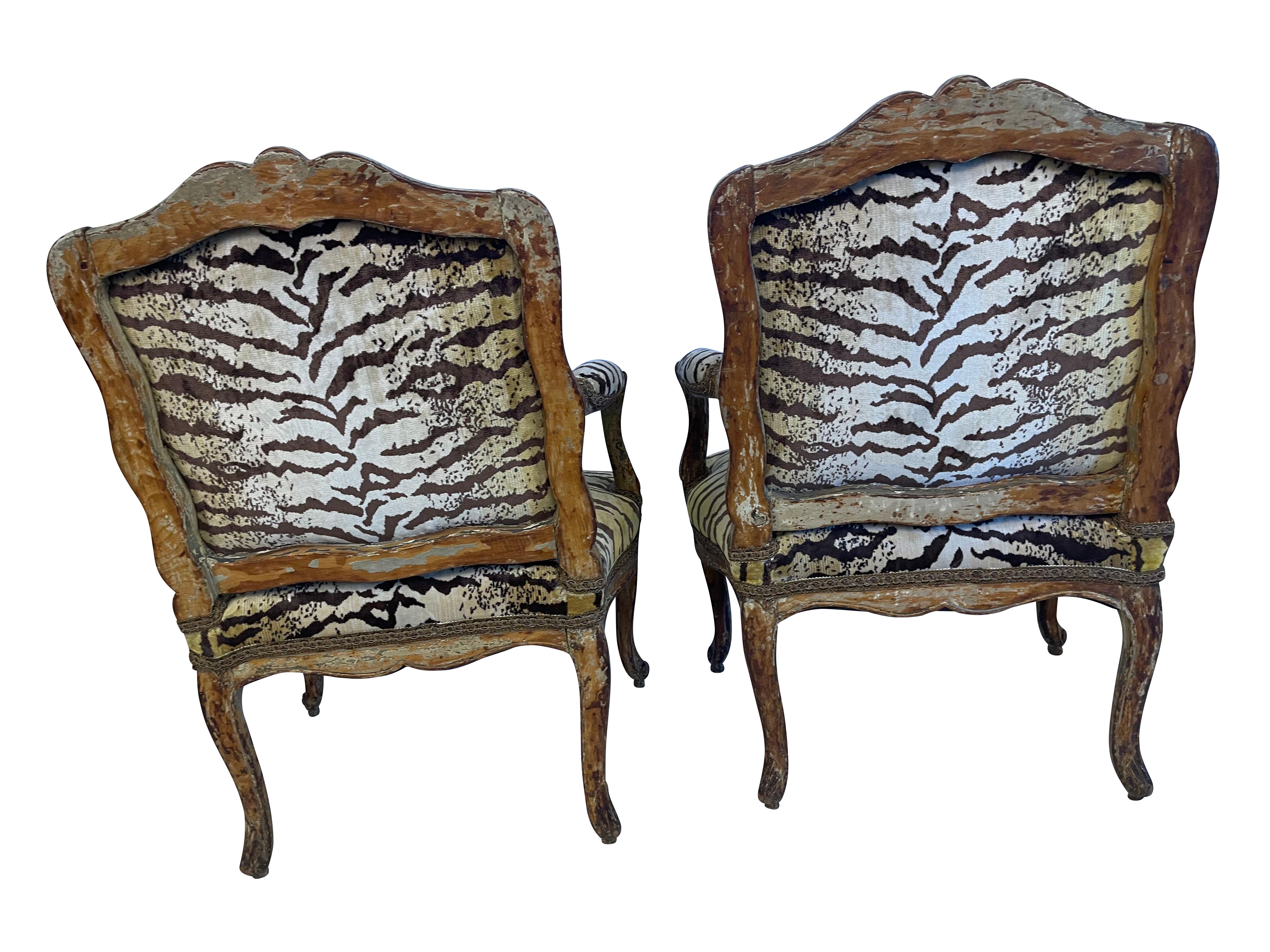 Pair of 19th Century Louis XV Armchairs in Scalamandre Le Tigre Upholstery For Sale 2