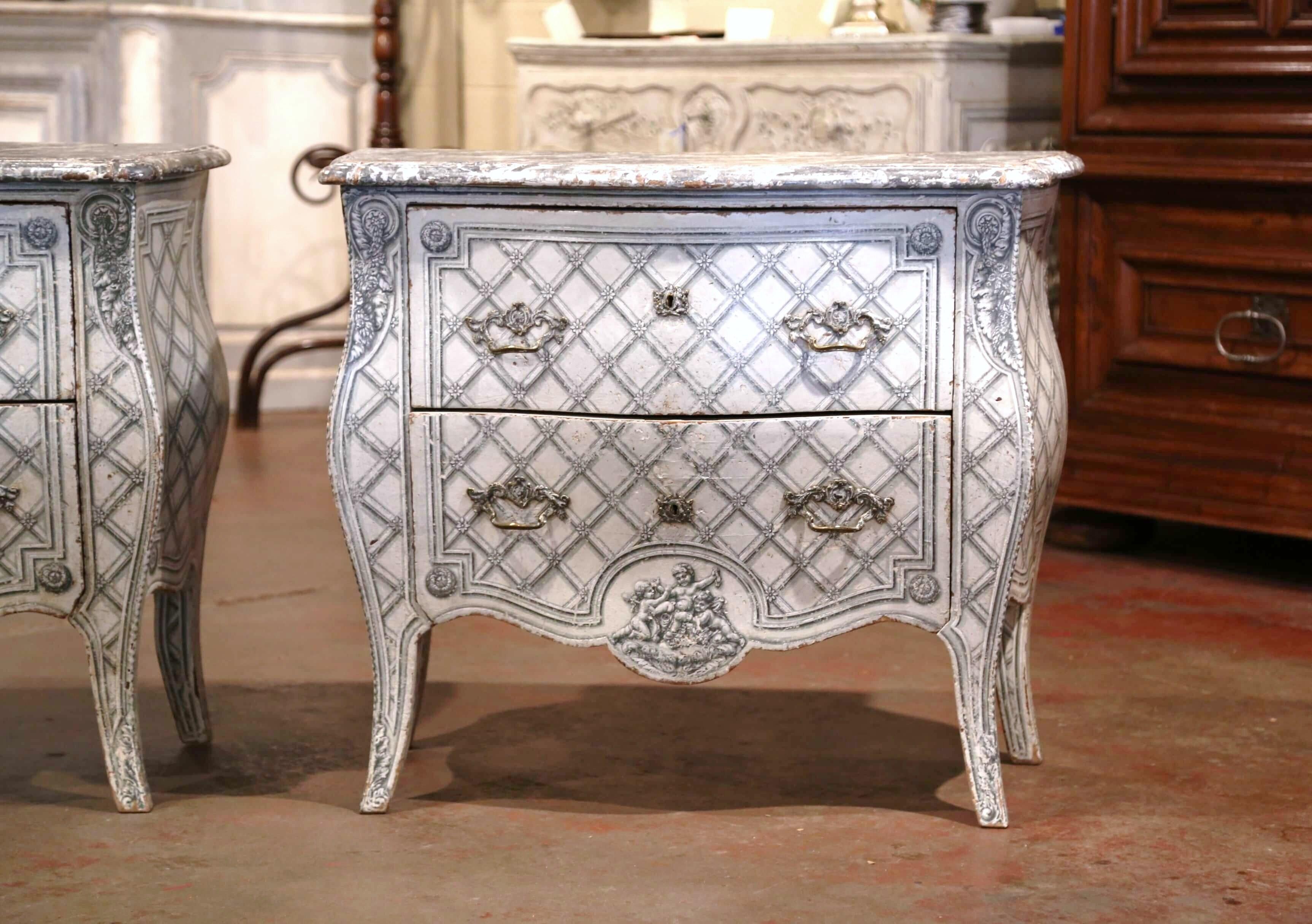 French Pair of 19th Century Louis XV Carved and Painted Bombe Two-Drawer Commodes