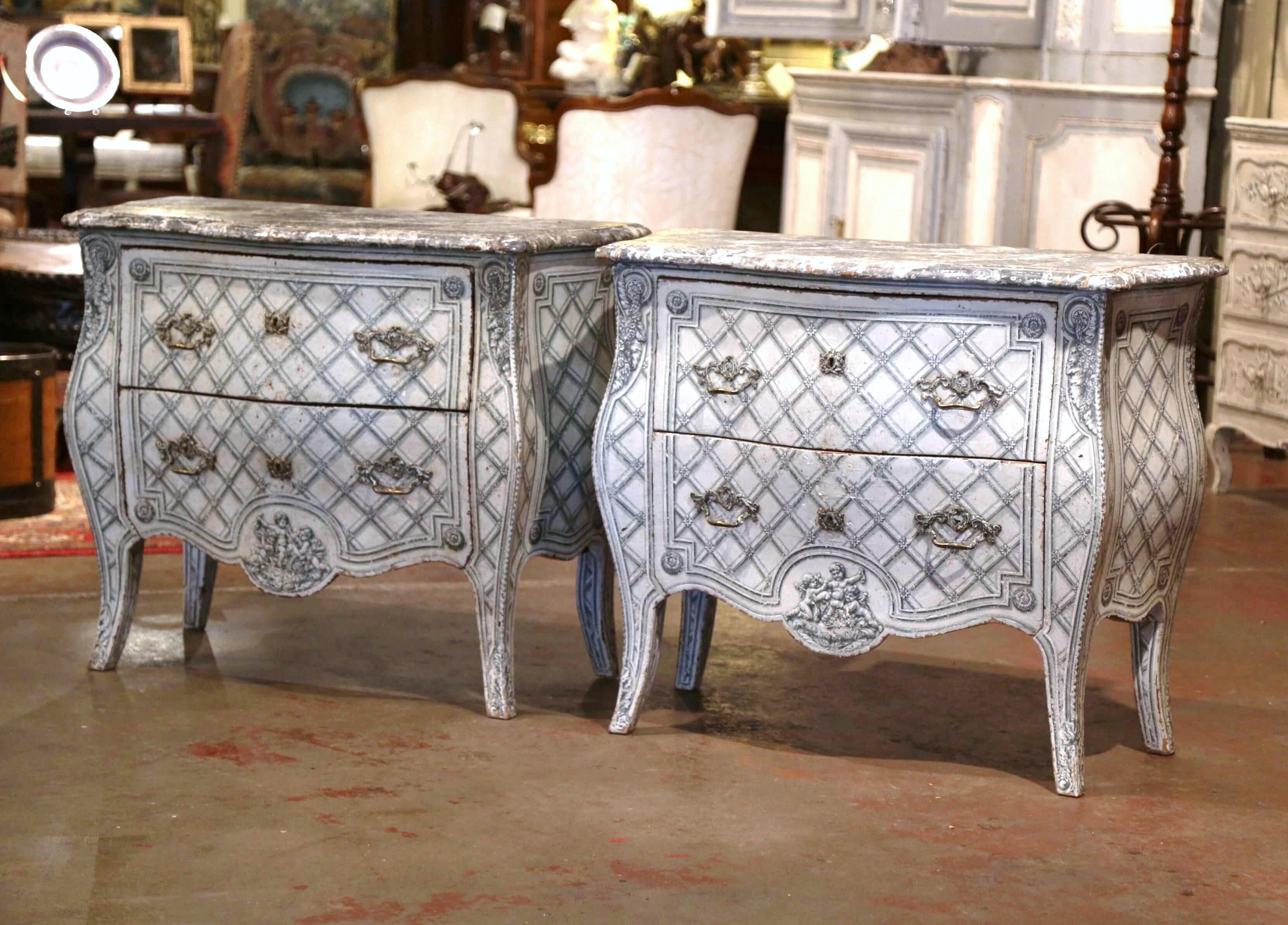 Pair of 19th Century Louis XV Carved and Painted Bombe Two-Drawer Commodes In Excellent Condition In Dallas, TX