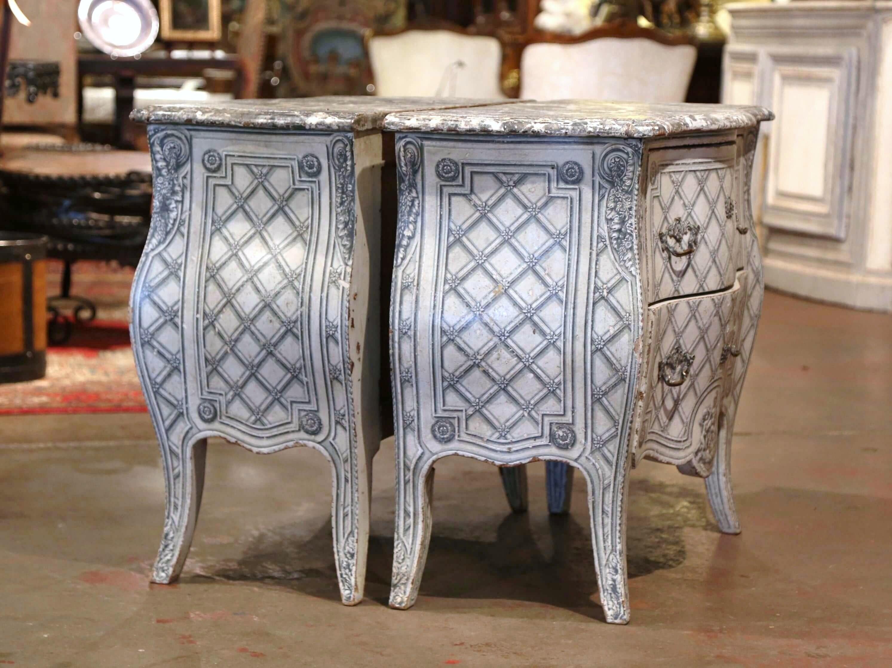 Oak Pair of 19th Century Louis XV Carved and Painted Bombe Two-Drawer Commodes
