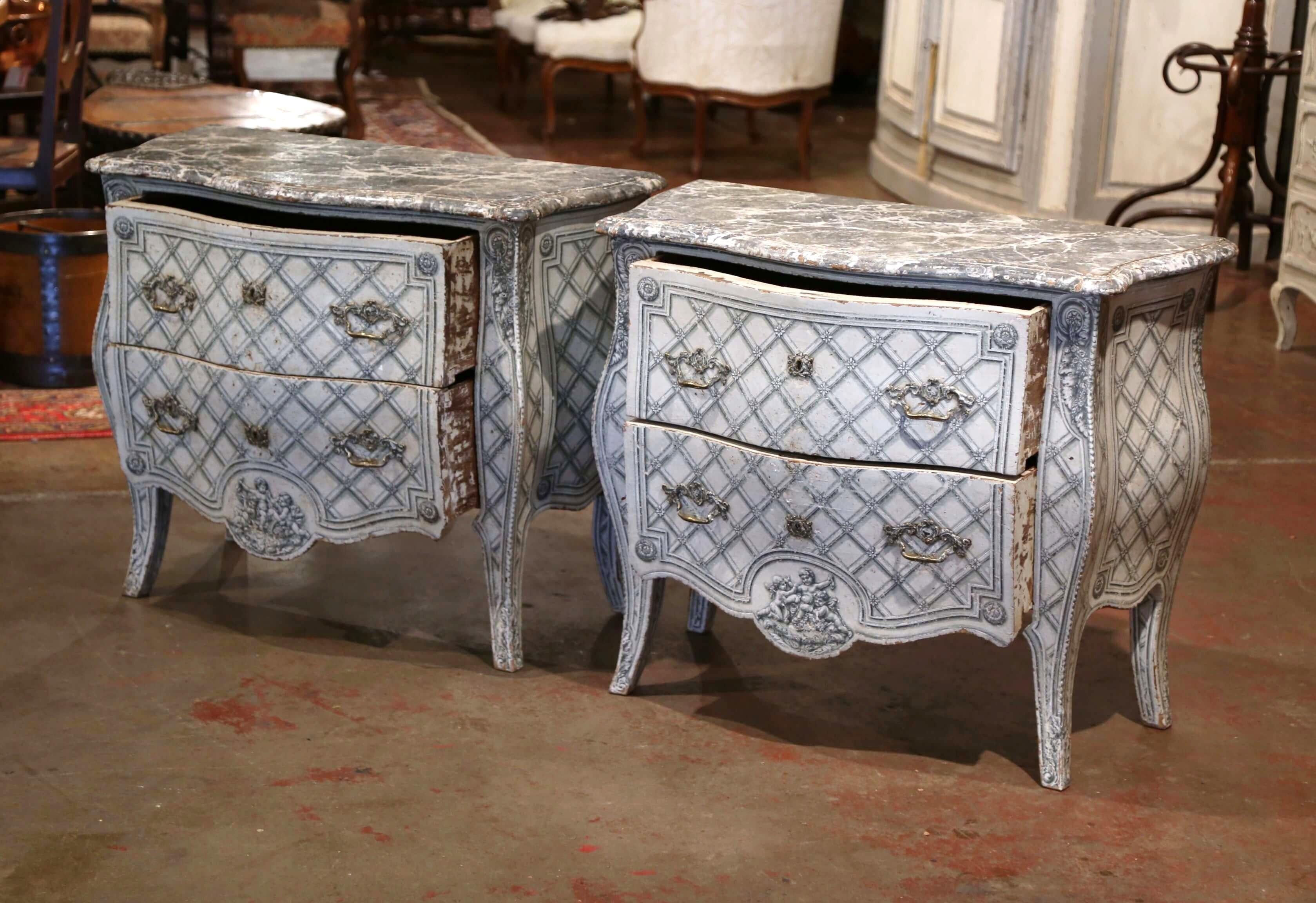 Pair of 19th Century Louis XV Carved and Painted Bombe Two-Drawer Commodes 3