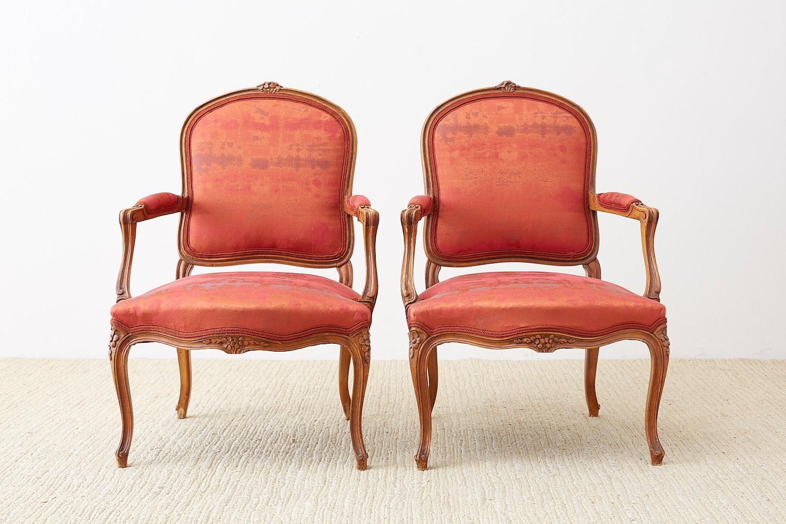 French Pair of 19th Century Louis XV Carved Walnut Armchairs For Sale