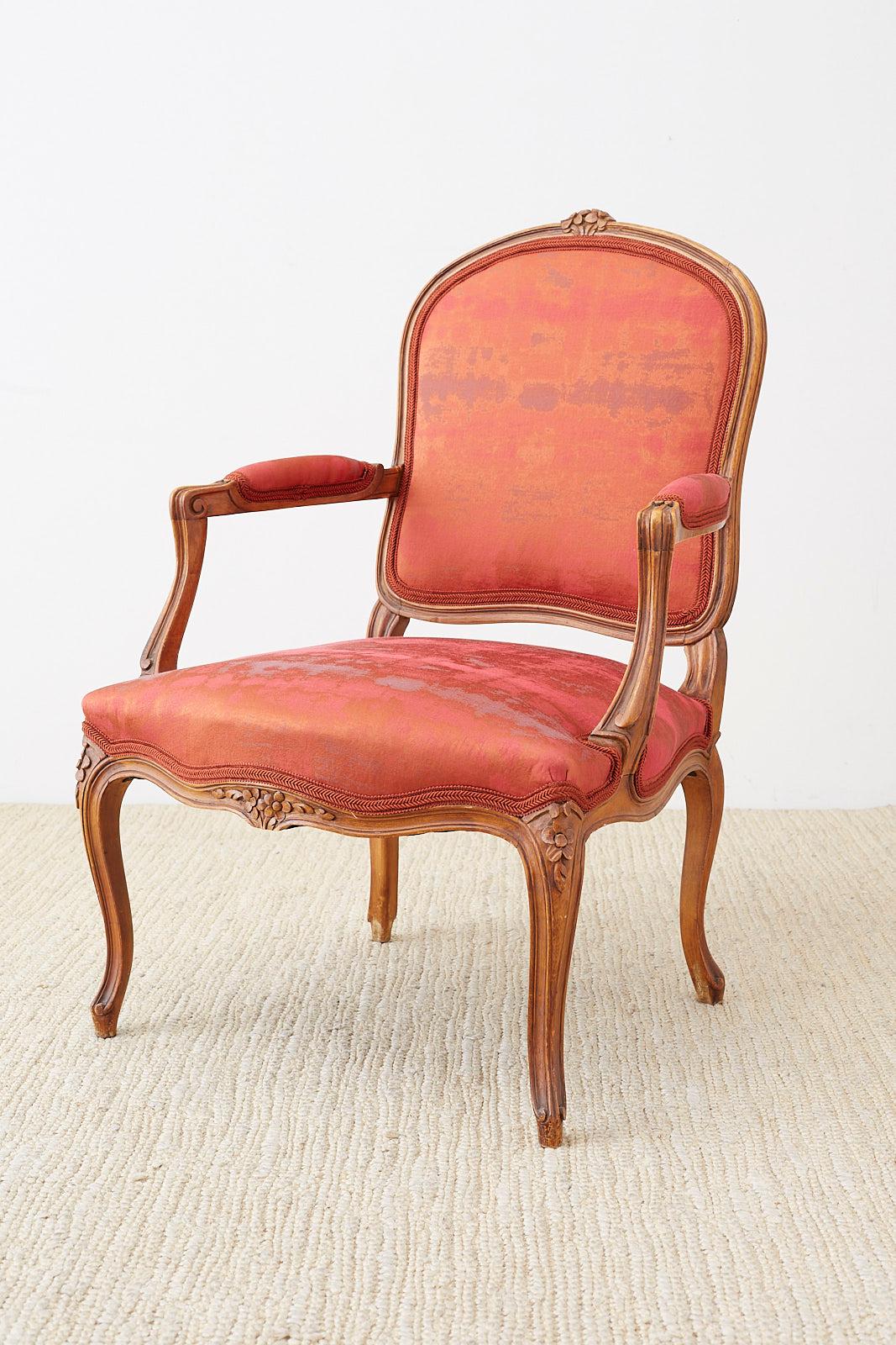 Hand-Carved Pair of 19th Century Louis XV Carved Walnut Armchairs For Sale