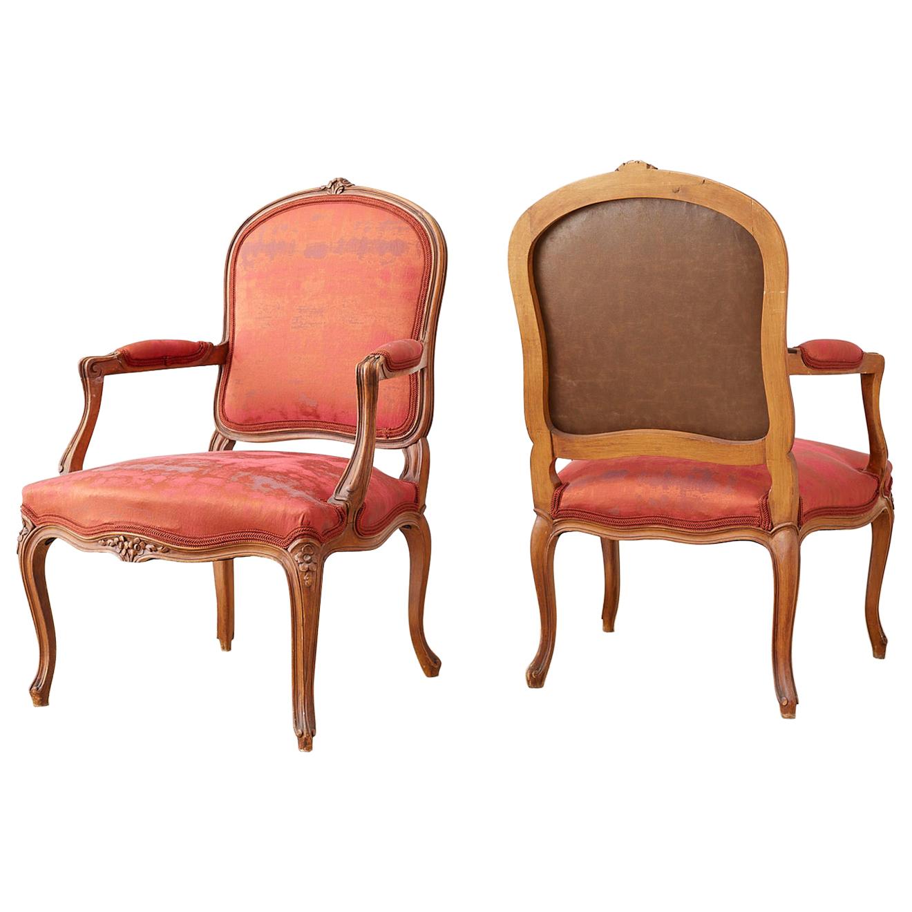 Pair of 19th Century Louis XV Carved Walnut Armchairs For Sale