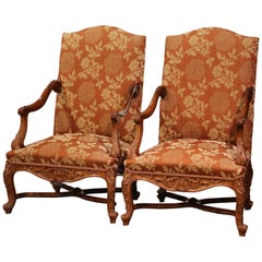 Antique Pair of 19th Century Louis XV Carved Walnut Armchairs from Provence