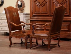 Pair of 19th Century Louis XV Carved Walnut Armchairs with Leather Upholstery