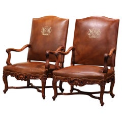 Antique Pair of 19th Century Louis XV Carved Walnut Armchairs with Leather Upholstery