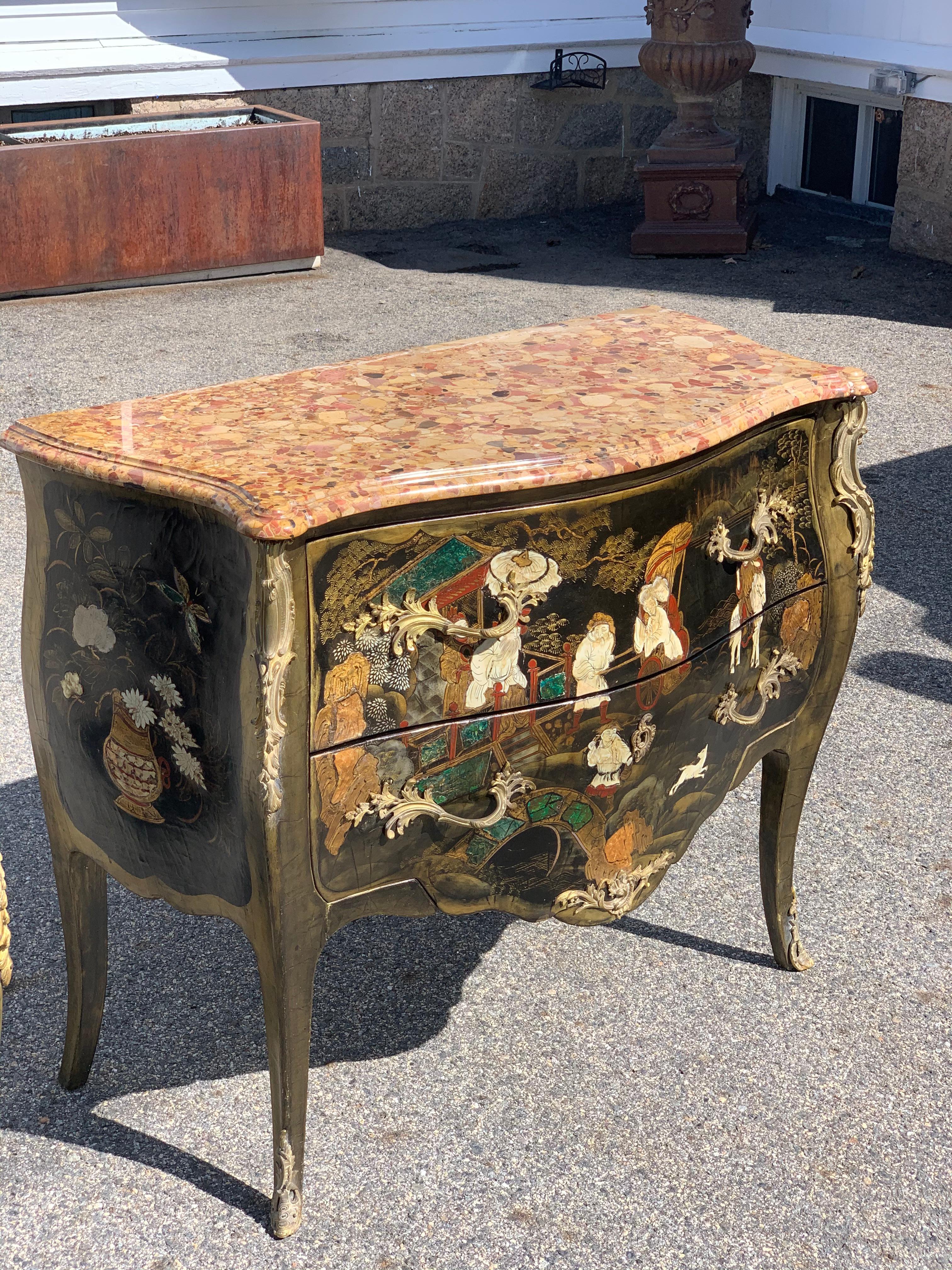 Lacquer Pair of 19th Century Louis XV Japanned Commodes