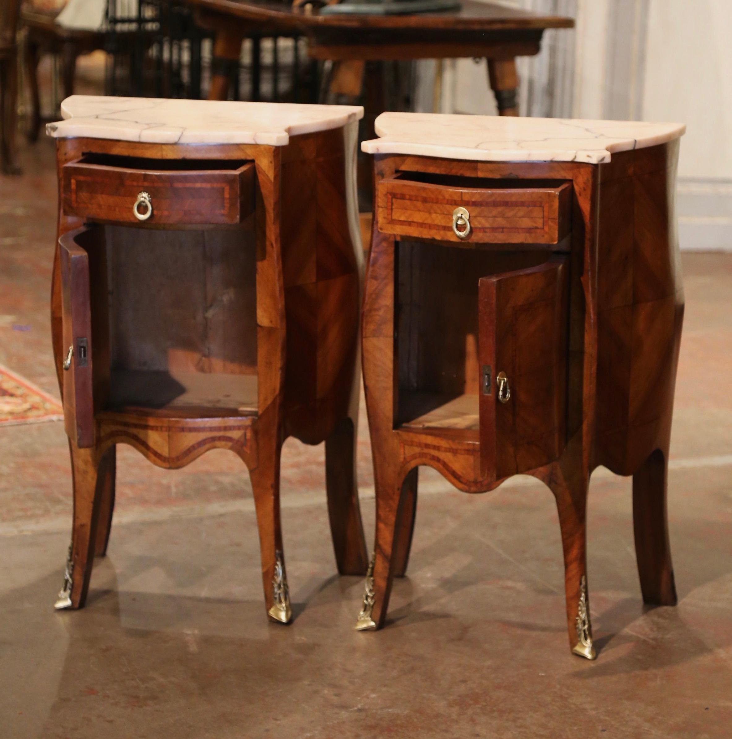 Pair of 19th Century Louis XV Marble Top Walnut Marquetry Bombe Nightstands 4