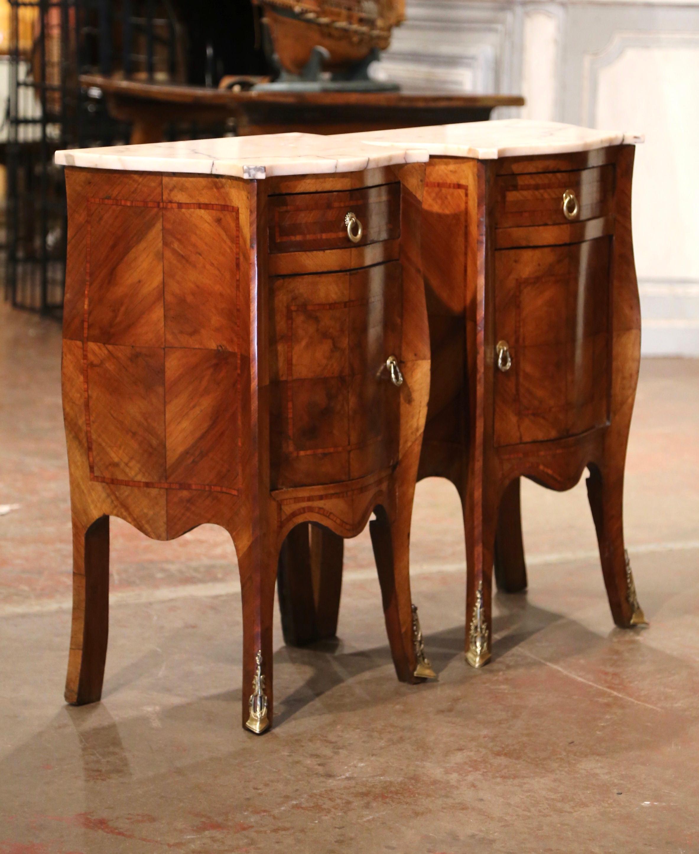 Pair of 19th Century Louis XV Marble Top Walnut Marquetry Bombe Nightstands 7