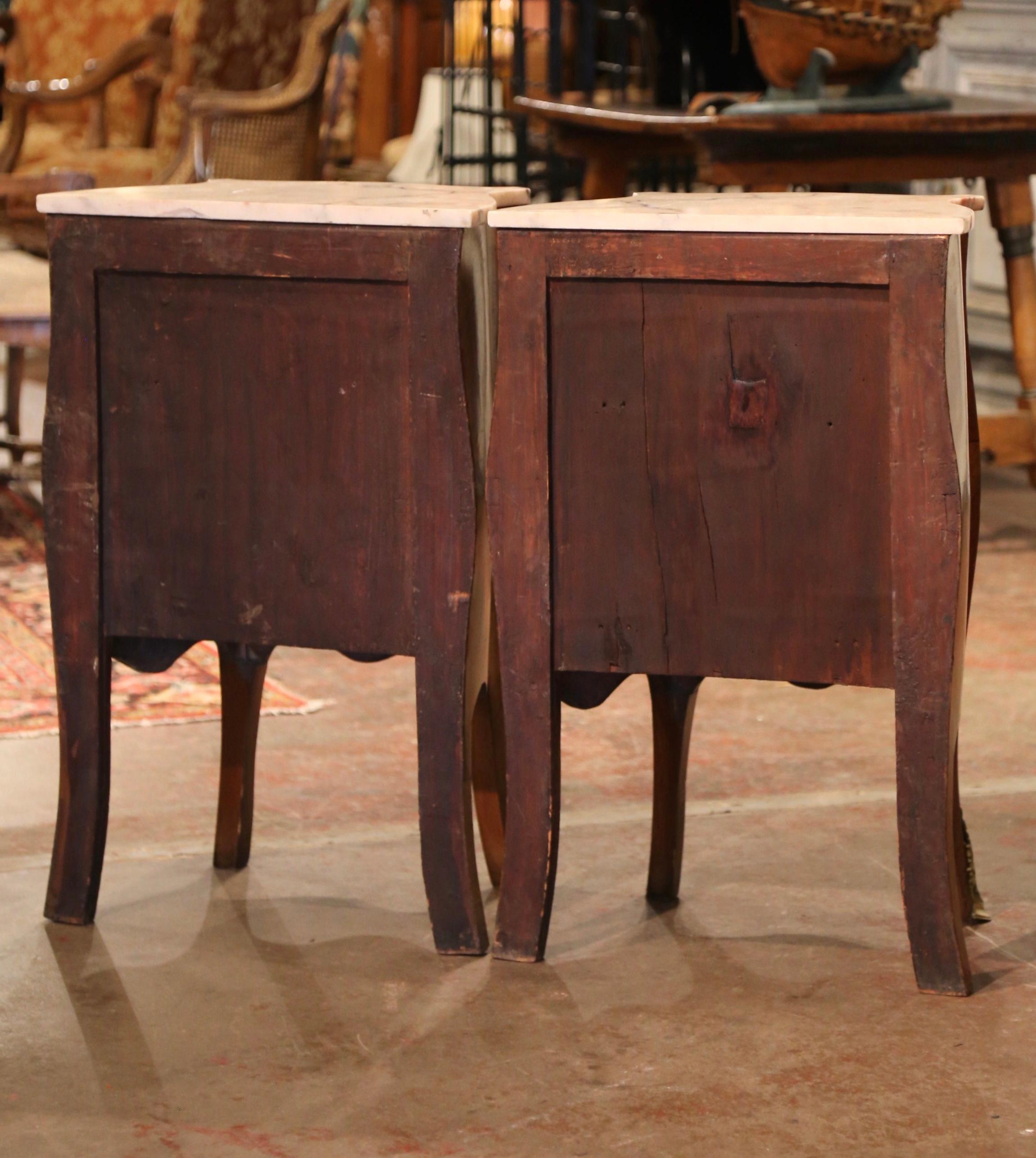 Pair of 19th Century Louis XV Marble Top Walnut Marquetry Bombe Nightstands 10