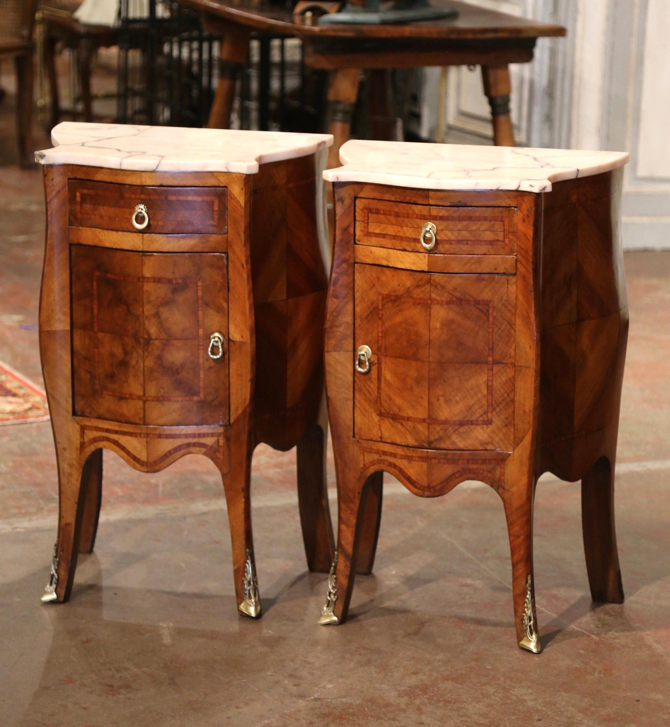 French Pair of 19th Century Louis XV Marble Top Walnut Marquetry Bombe Nightstands