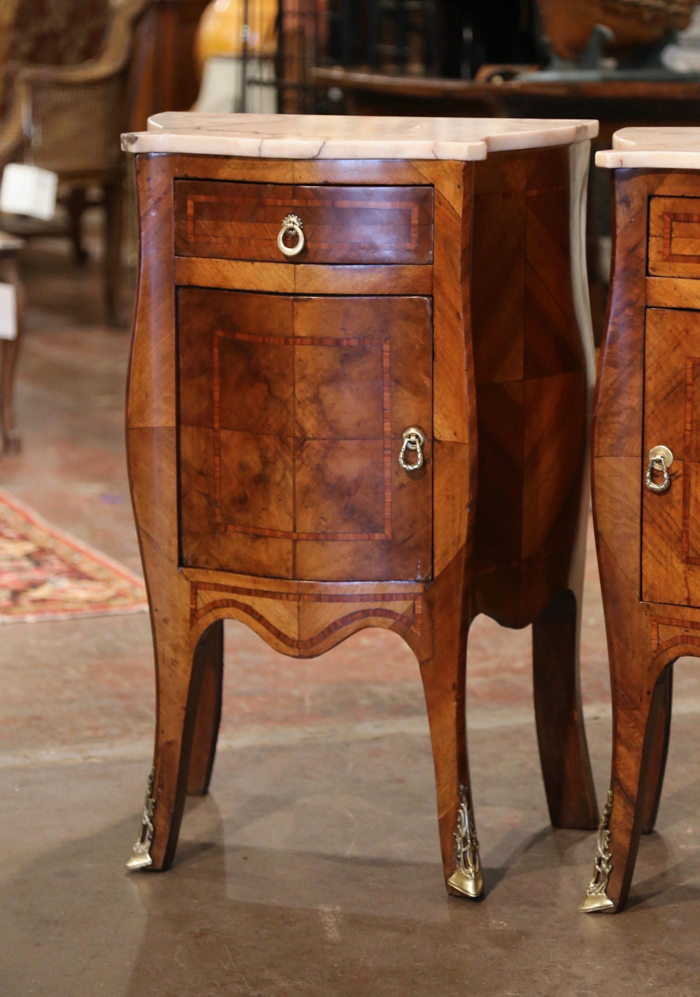 Hand-Carved Pair of 19th Century Louis XV Marble Top Walnut Marquetry Bombe Nightstands