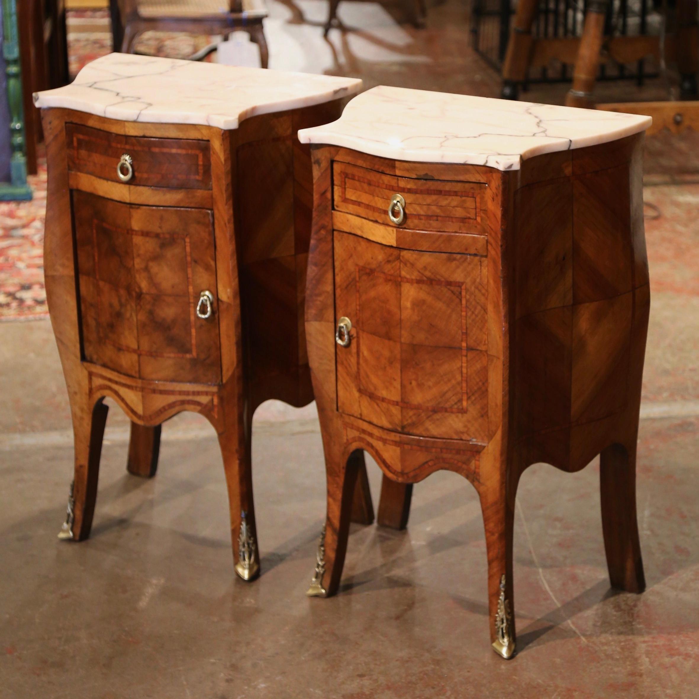 Pair of 19th Century Louis XV Marble Top Walnut Marquetry Bombe Nightstands 2