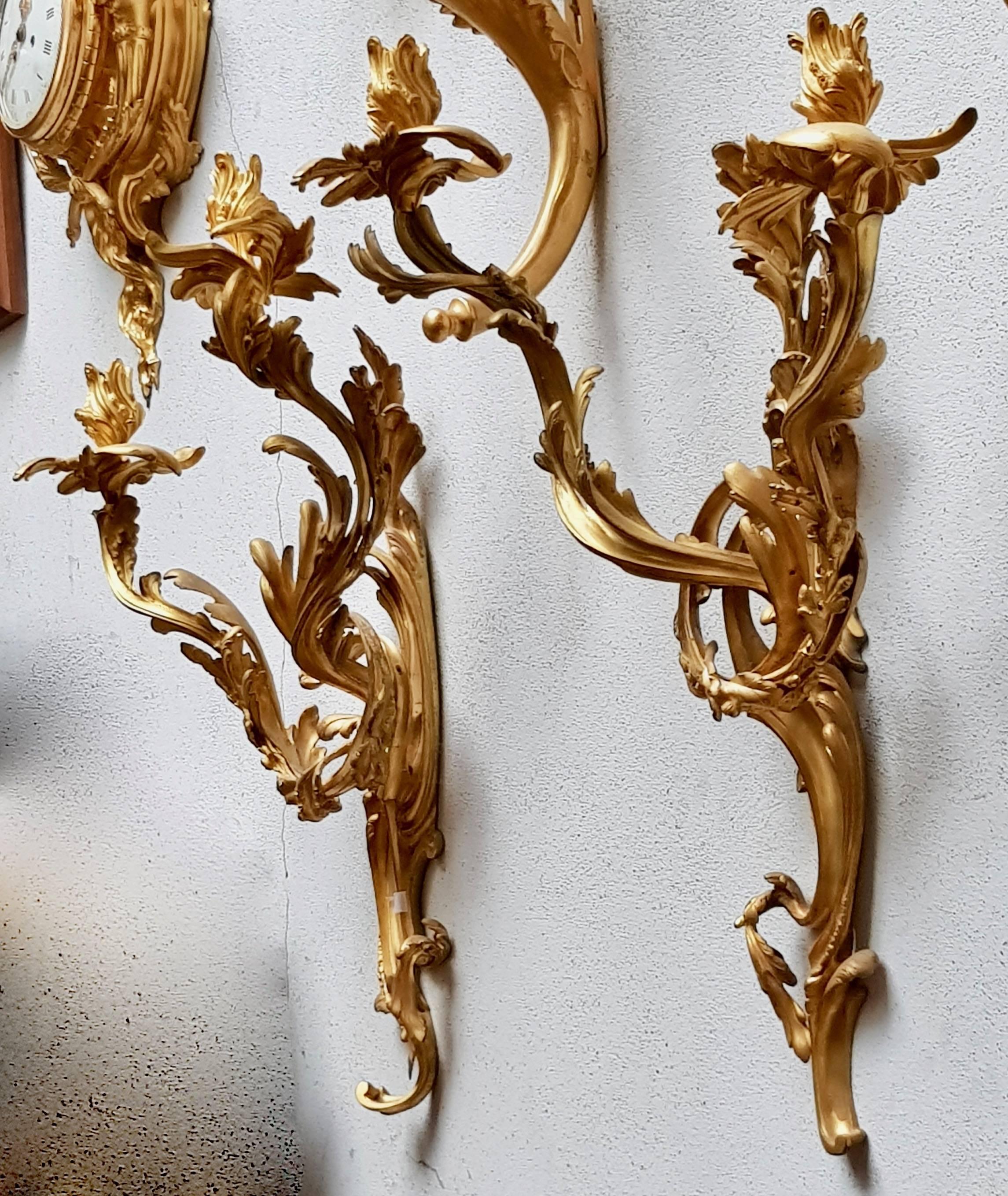 After the model of Jacques Caffiéri
Each with scrolled molded asymmetric backplate cast, the scrolled arms pierced with C-scrolls and cast with berried leaves and flowerheads, with acanthus scrolled drip-pans and nozzles, rethreaded.
Original