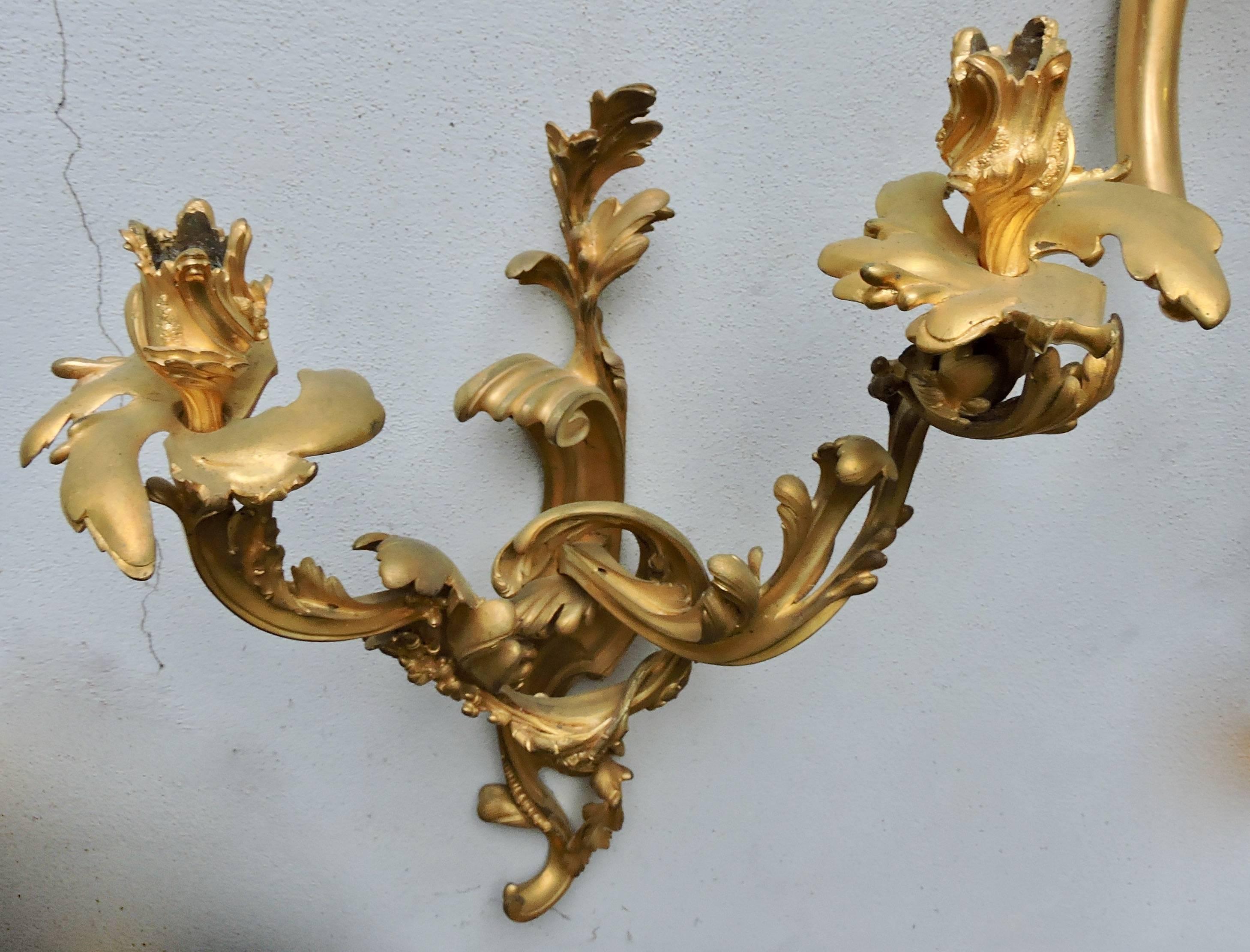 Pair of 19th Century Louis XV Ormolu Twin-Branch Wall-Lights after Caffieri In Good Condition In Saint-Ouen, FR