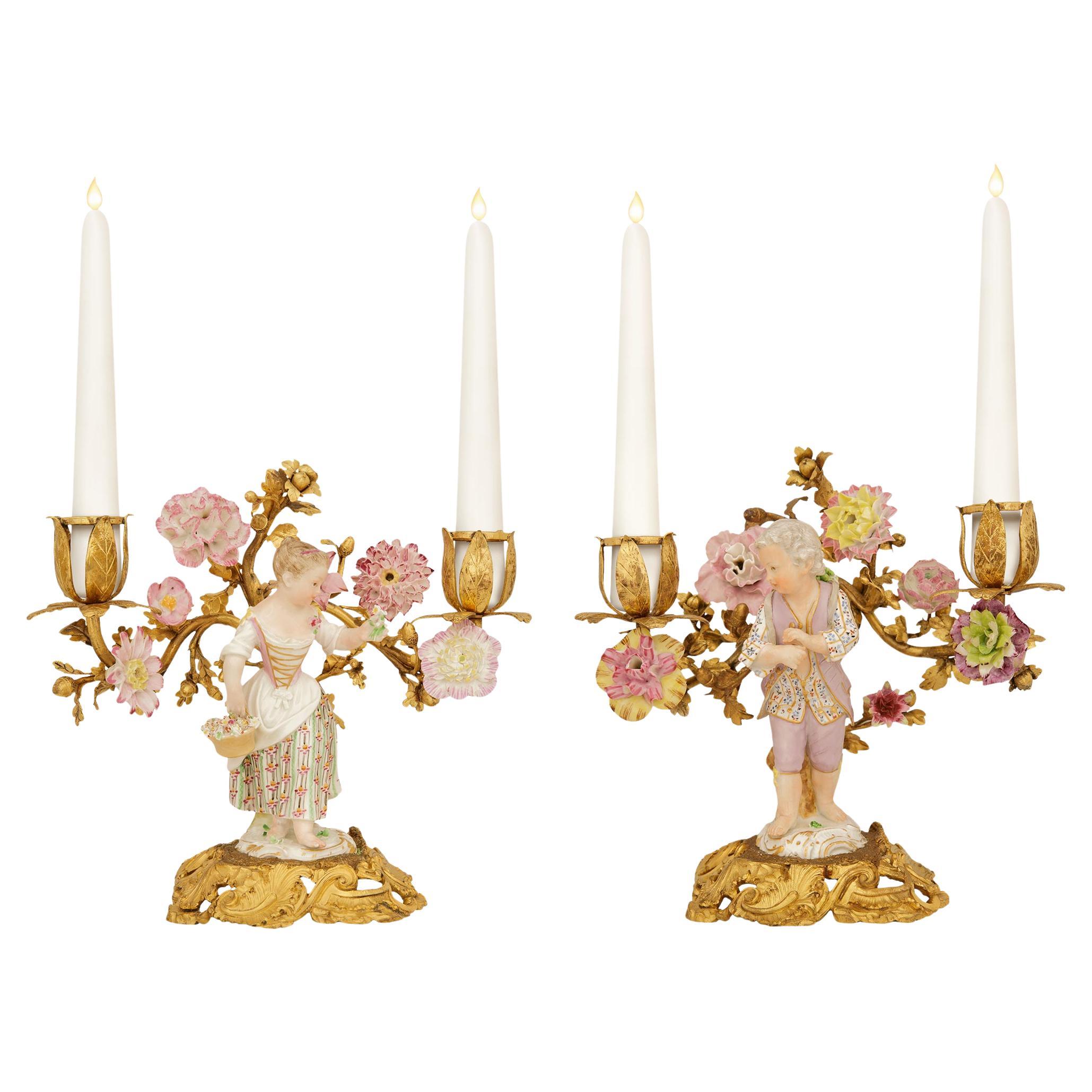 coppia di candelabri in porcellana di Meissen Porcelain e Ormolu del XIX secolo
