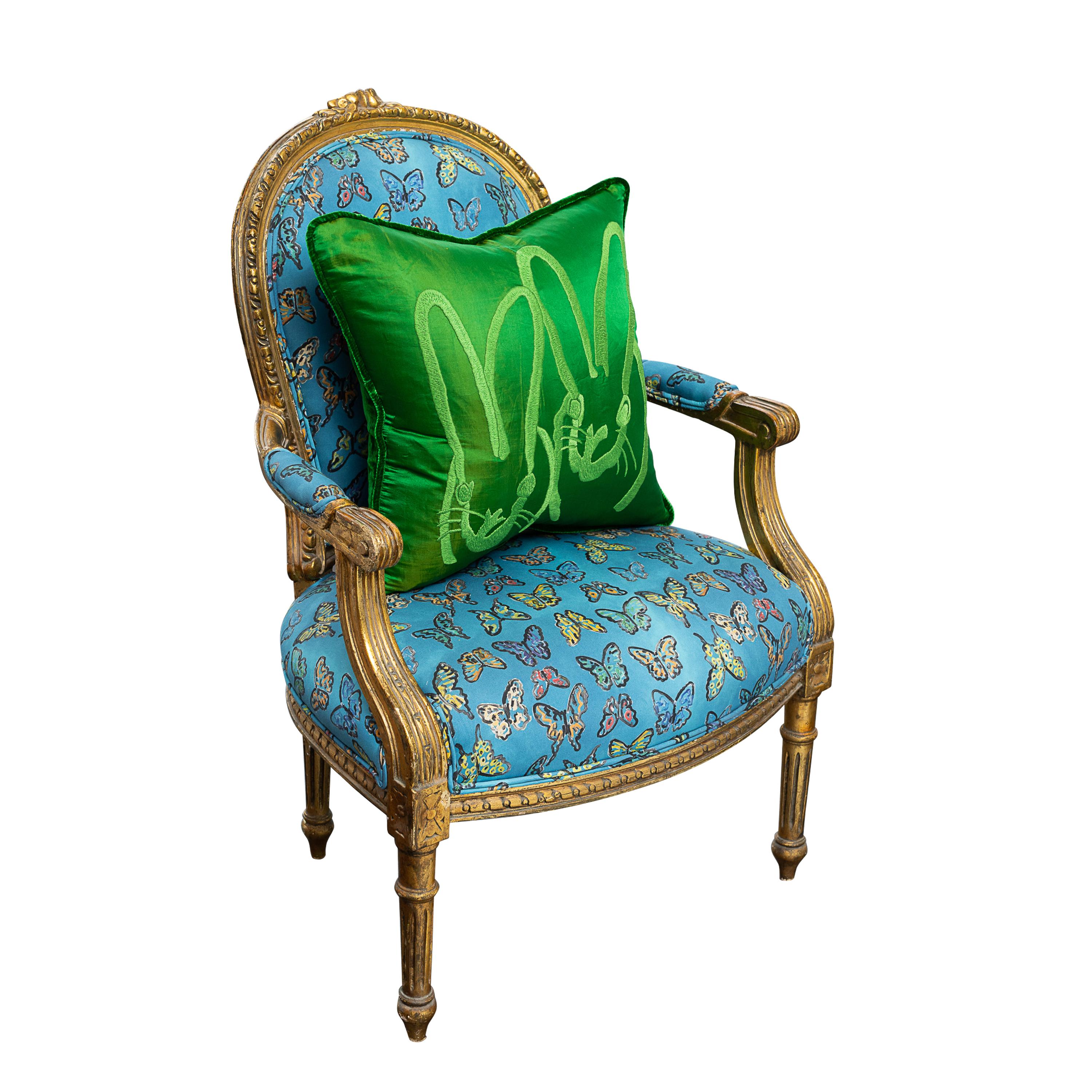 A pair of 19th century Louis VX Style Gold Leaf Slipper Chair with Balloon Back in Hunt Slonem Lakeside Butterflies Cotton Print. The chairs can be sold separately.
