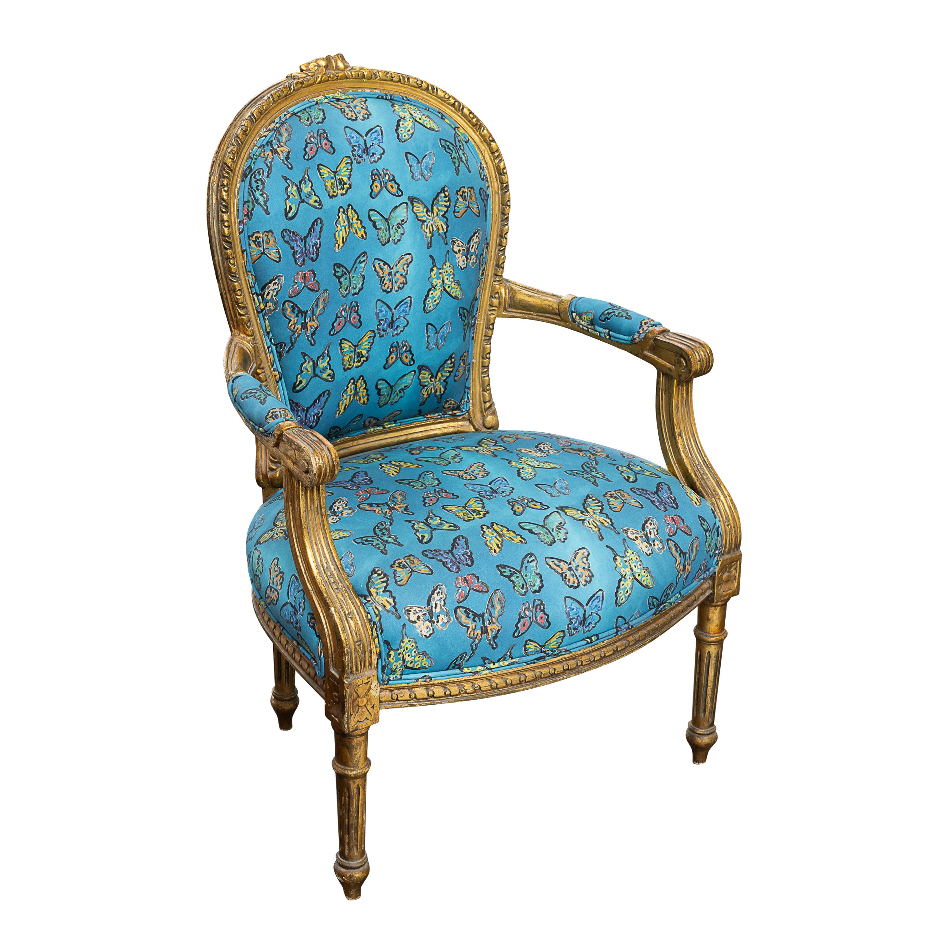 Gold Leaf Pair of 19th Century Louis XV Style Balloon Back Slipper Chairs, Hunt Slonem