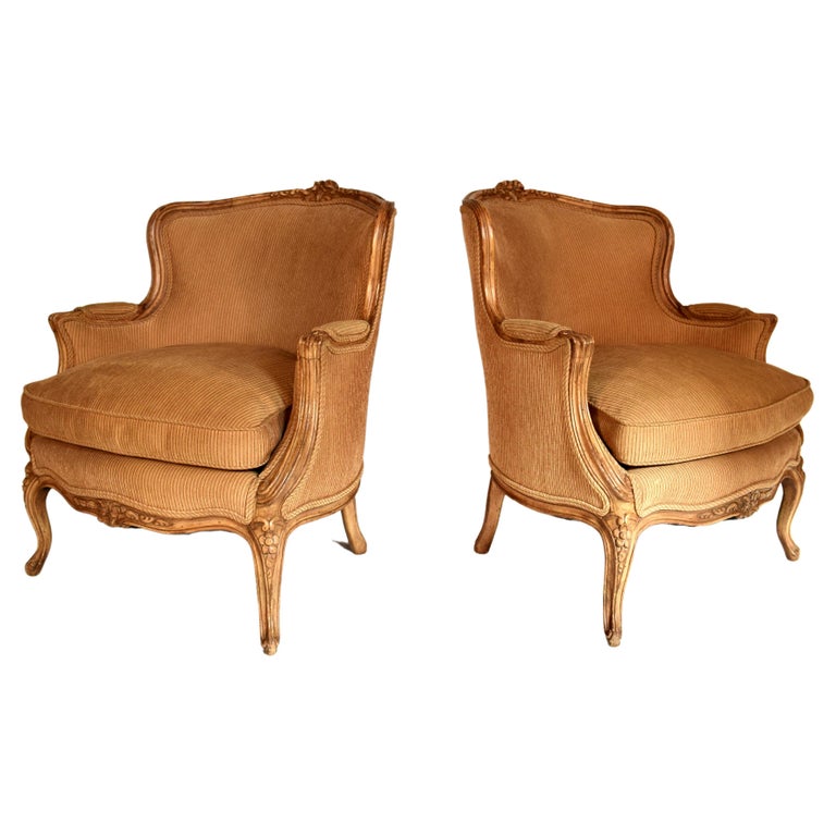 Pair of Antique 19th Century Gold Leaf Louis XV Style Bergere Chairs