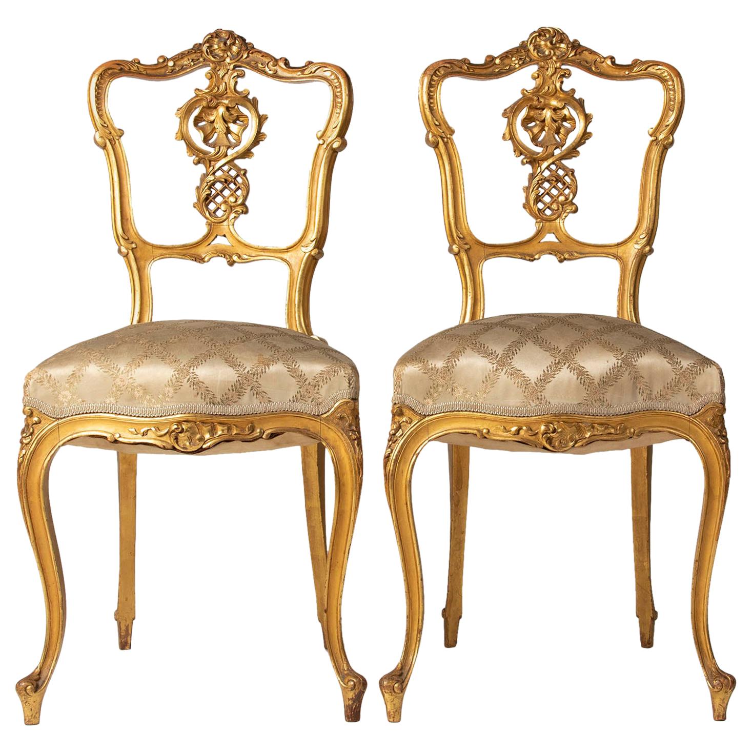 Pair of 19th Century Louis XV Style French Gold-Leaf Gilded Chairs