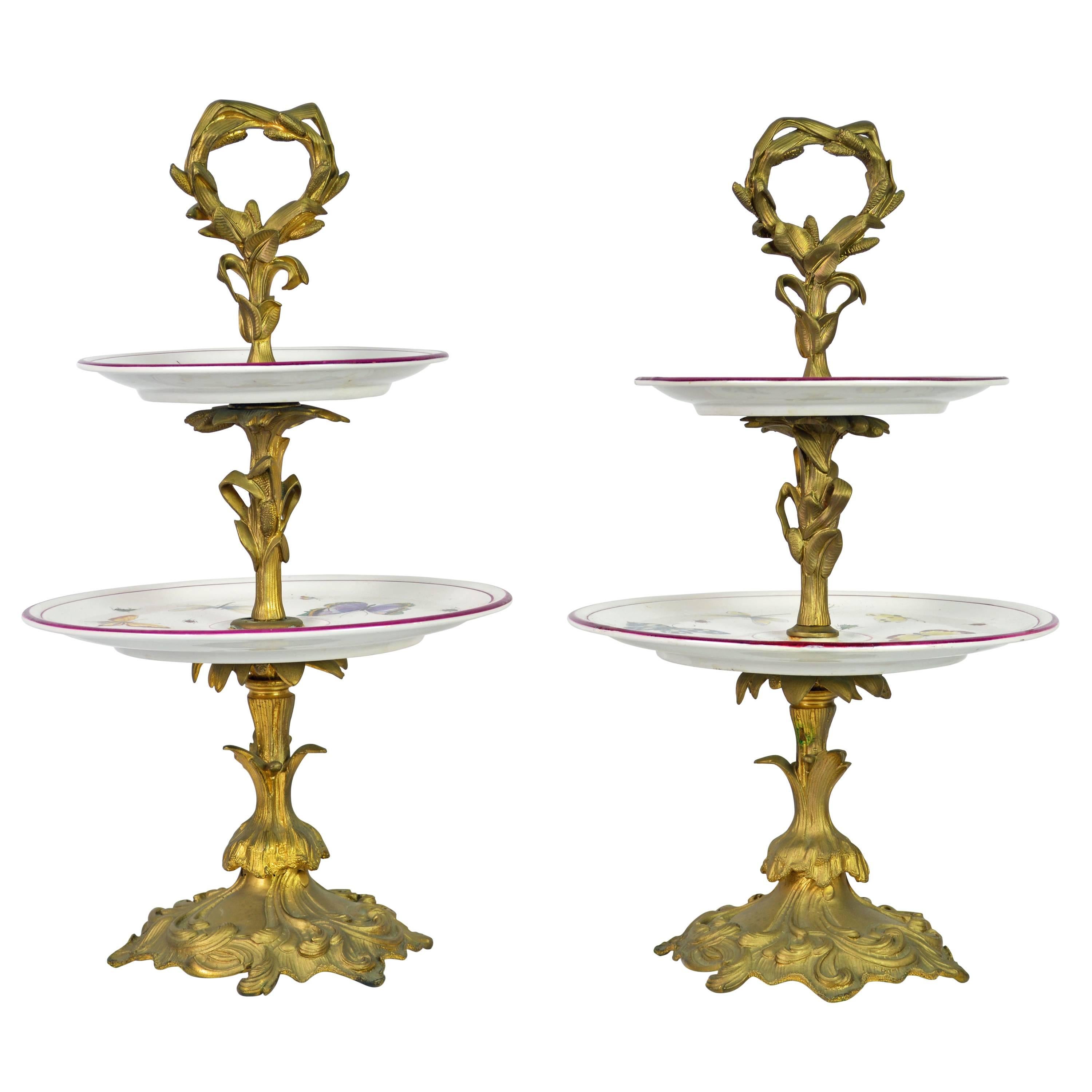 Pair of 19th Century Louis XV Style Gilt Bronze and Old Paris Dessert Stands
