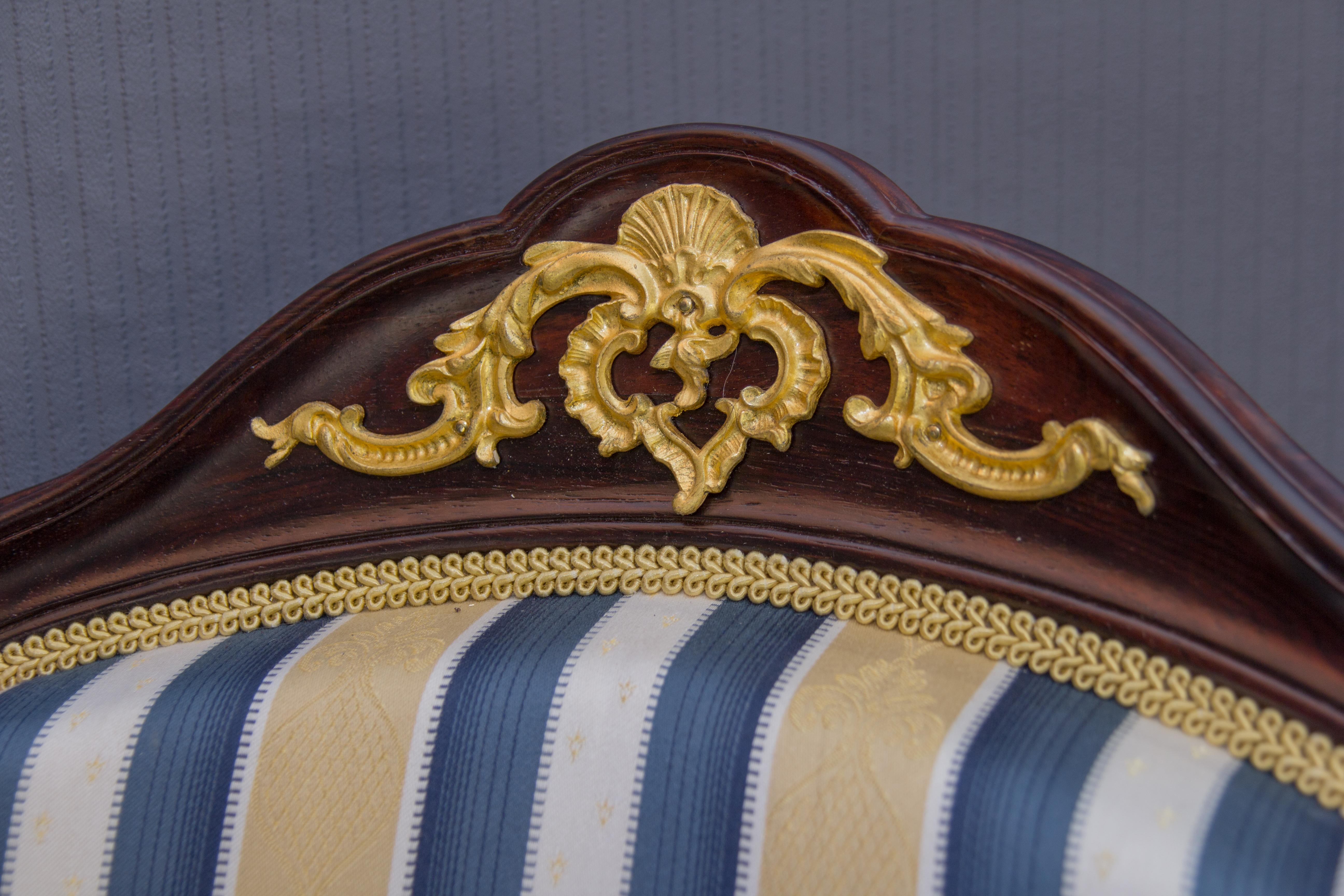Bronze Pair of 19th Century Louis XV Style Walnut Armchairs in Golden, Blue, and White  For Sale