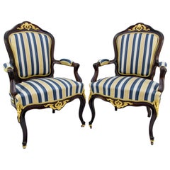 Pair of 19th Century Louis XV Style Walnut Armchairs in Golden, Blue, and White
