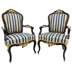 Antique Pair of 19th Century Louis XV Style Walnut Armchairs in Golden, Blue, and White 