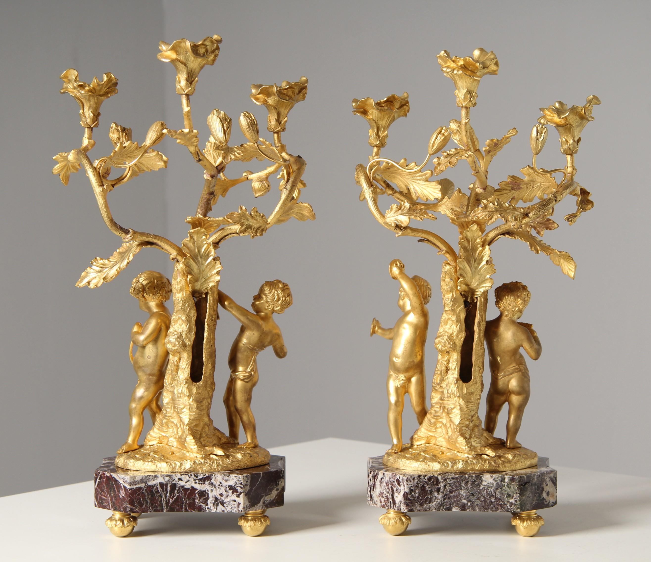 Pair of 19th Century Louis XV Style Ormolu Candelabras with Musical Cherubs For Sale 6