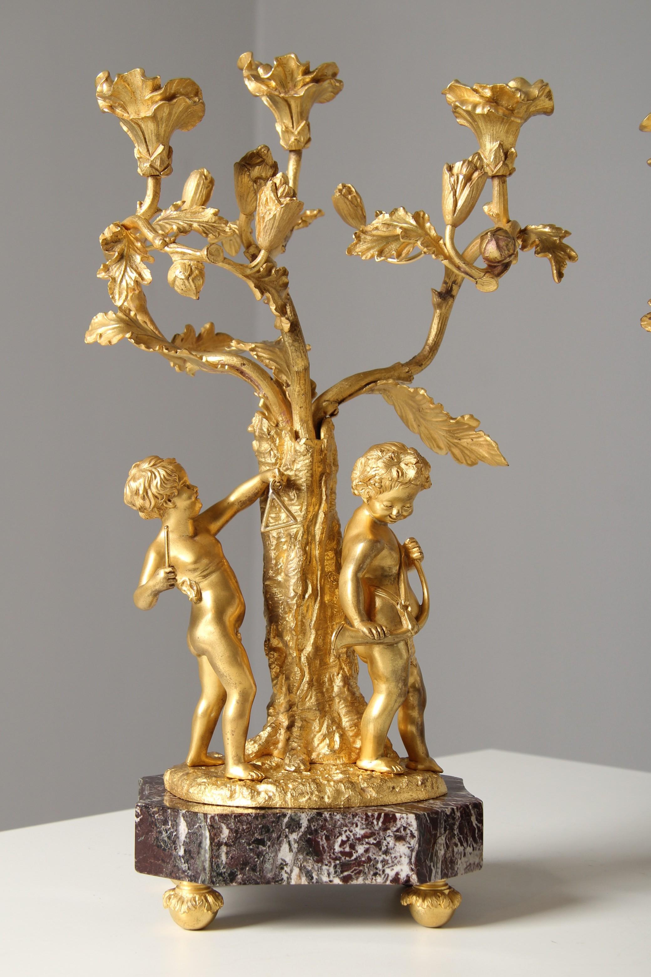 Rococo Revival Pair of 19th Century Louis XV Style Ormolu Candelabras with Musical Cherubs For Sale