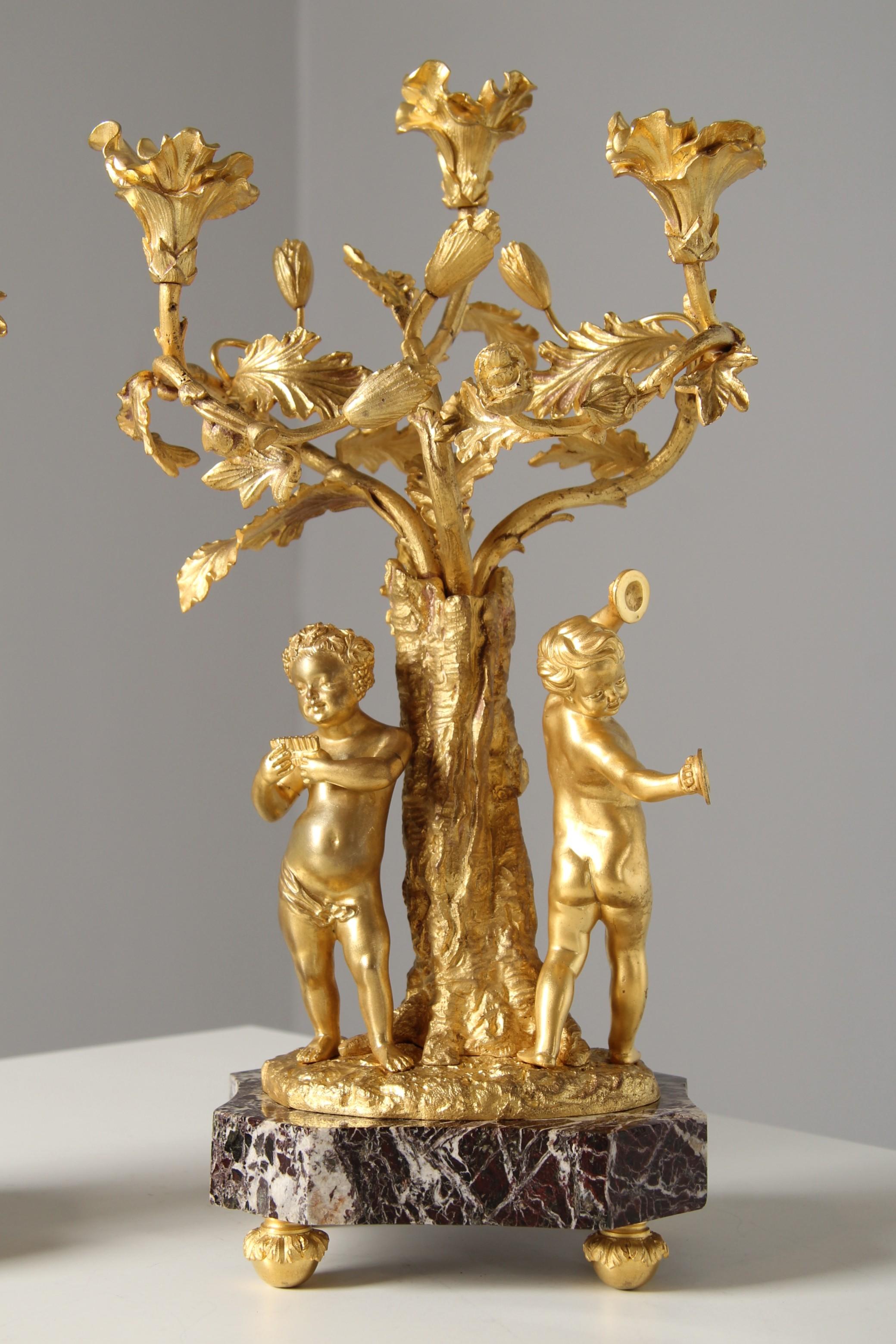 French Pair of 19th Century Louis XV Style Ormolu Candelabras with Musical Cherubs For Sale