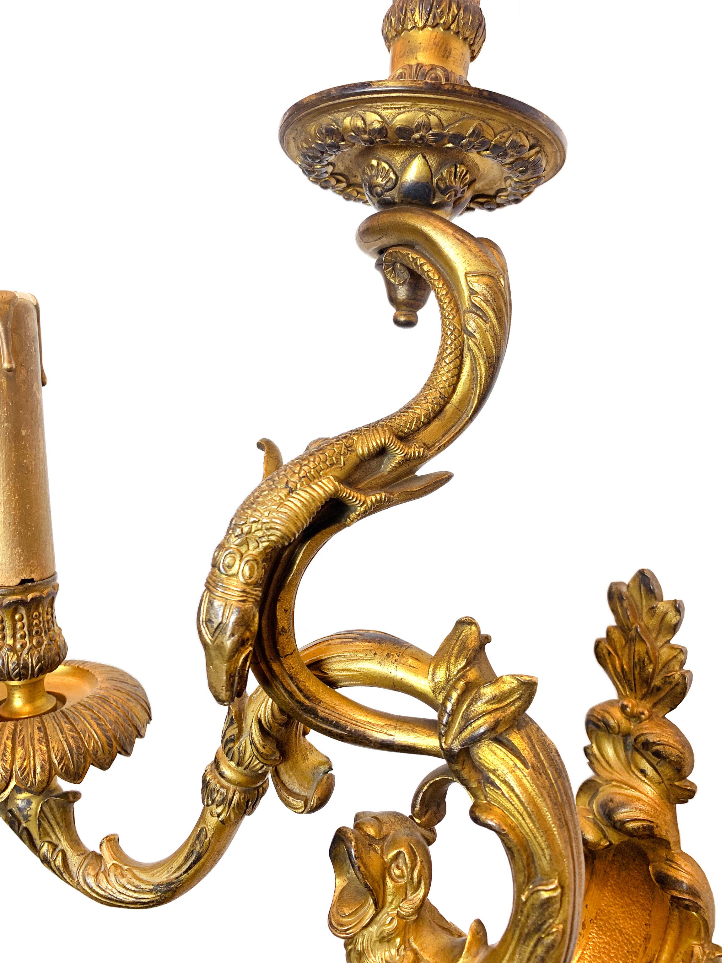 Pair of 19th Century Louis XV Style Ormolu Sconces After André-Charles Boulle For Sale 6