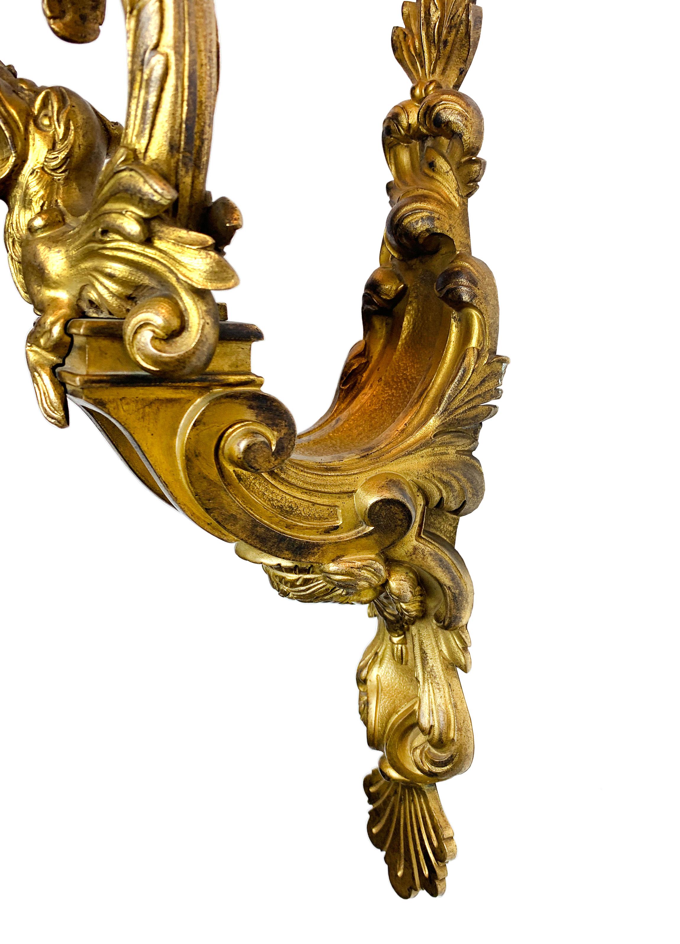 Pair of 19th Century Louis XV Style Ormolu Sconces After André-Charles Boulle For Sale 7
