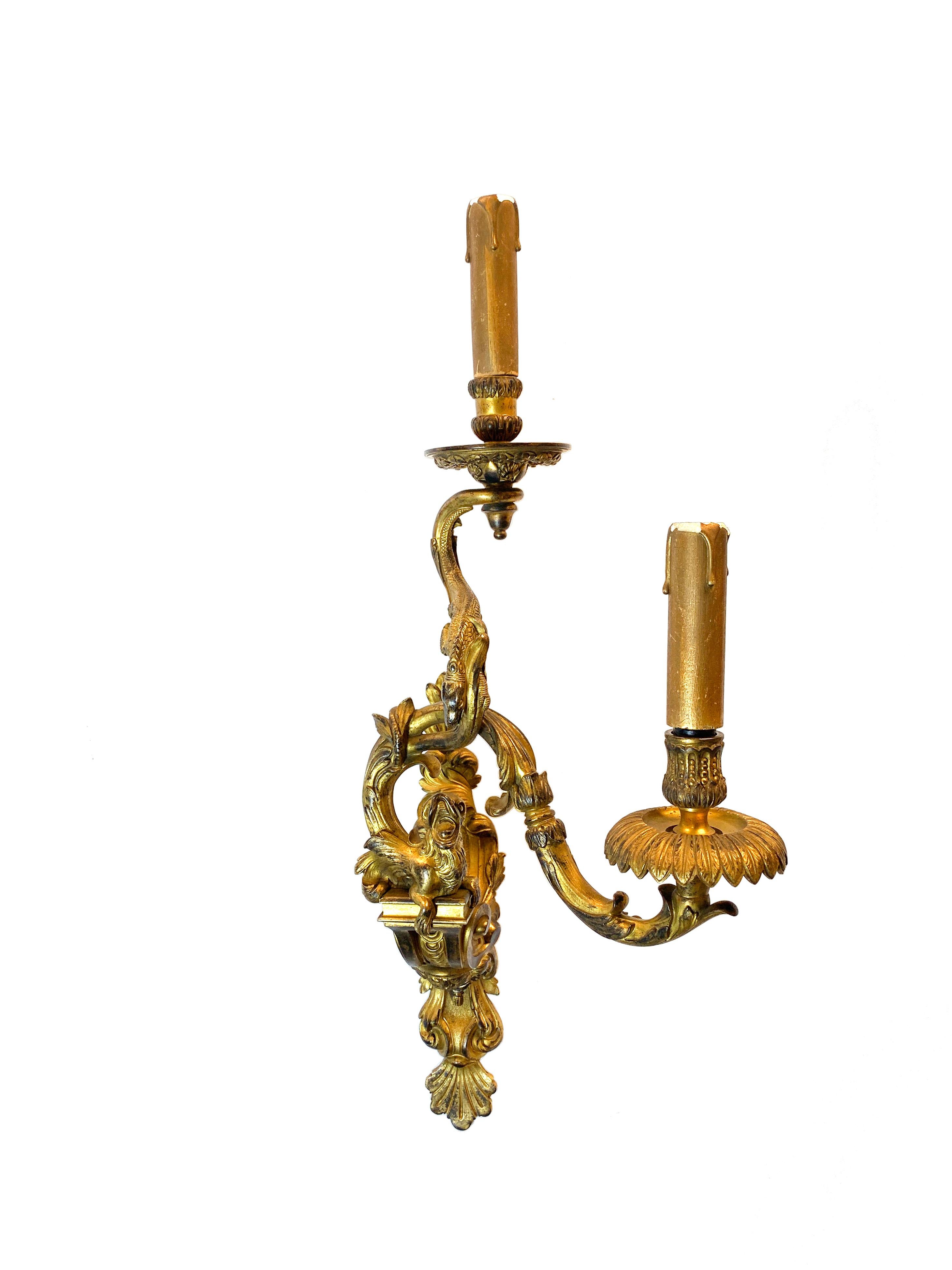 Bronze Pair of 19th Century Louis XV Style Ormolu Sconces After André-Charles Boulle For Sale