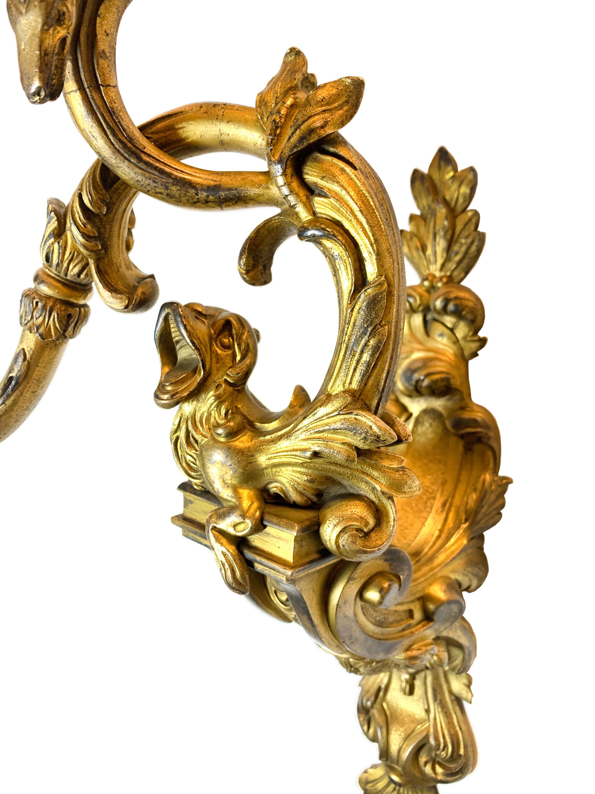 Pair of 19th Century Louis XV Style Ormolu Sconces After André-Charles Boulle For Sale 3