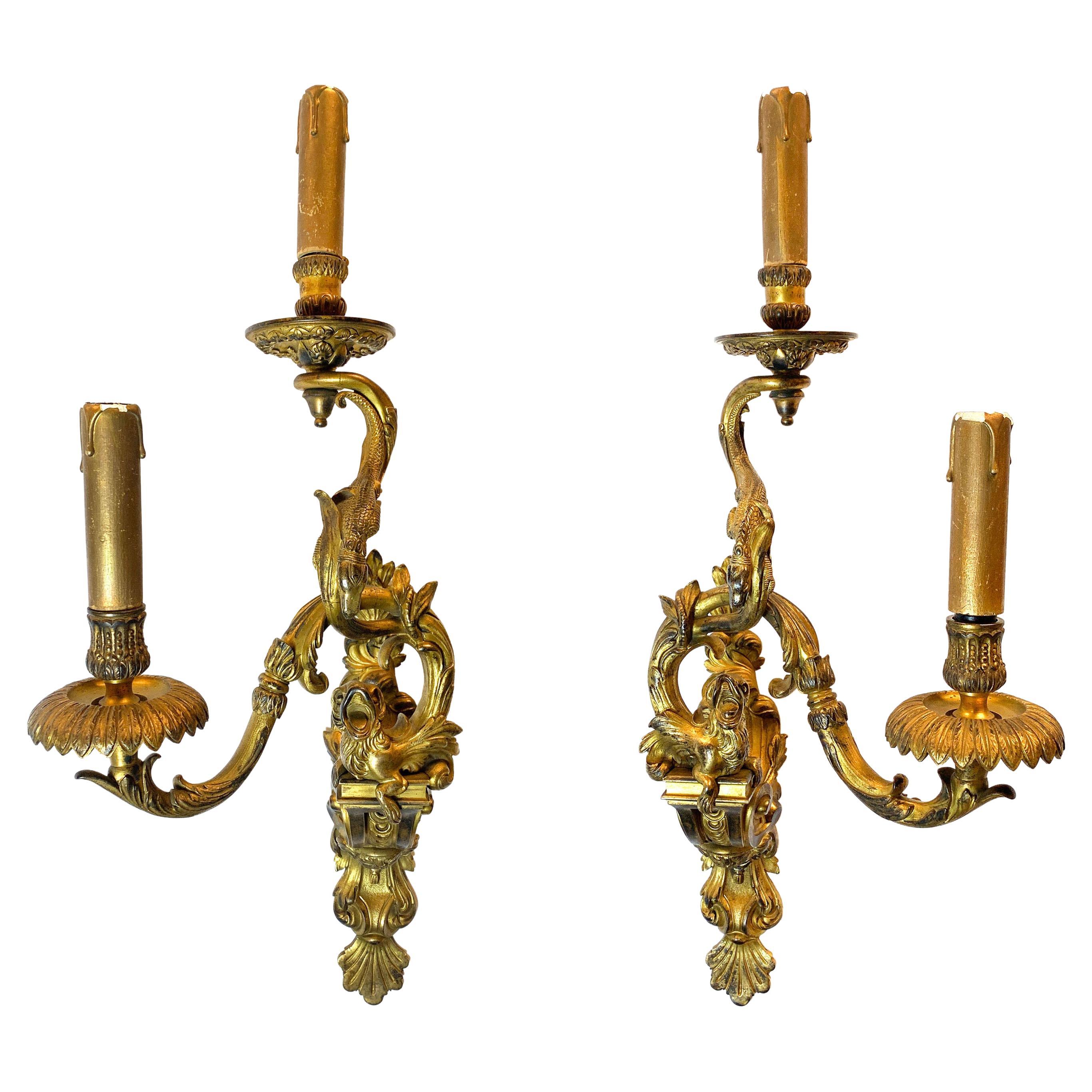 Pair of 19th Century Louis XV Style Ormolu Sconces After André-Charles Boulle For Sale