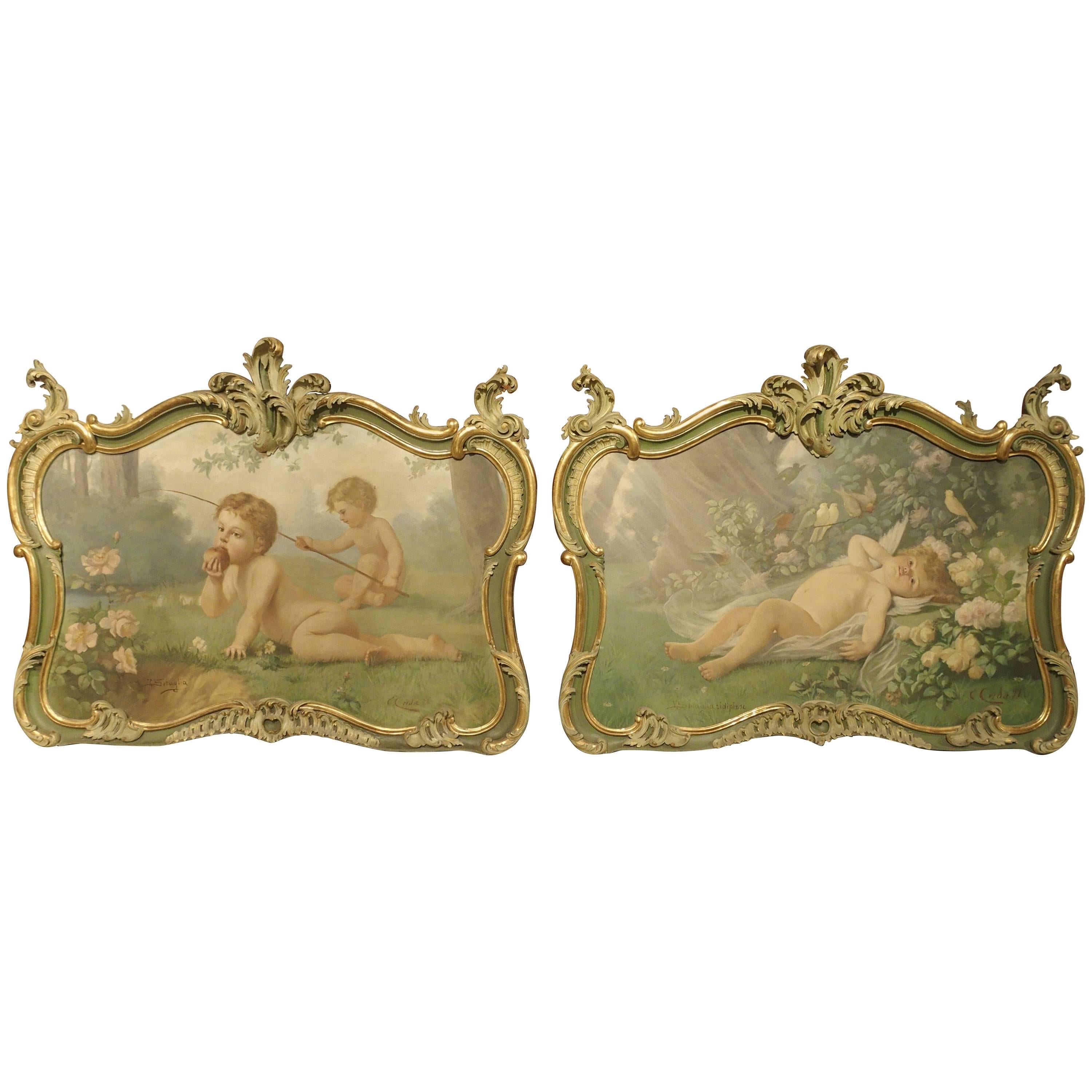 Pair of 19th Century Louis XV Style Overdoor Paintings from Italy