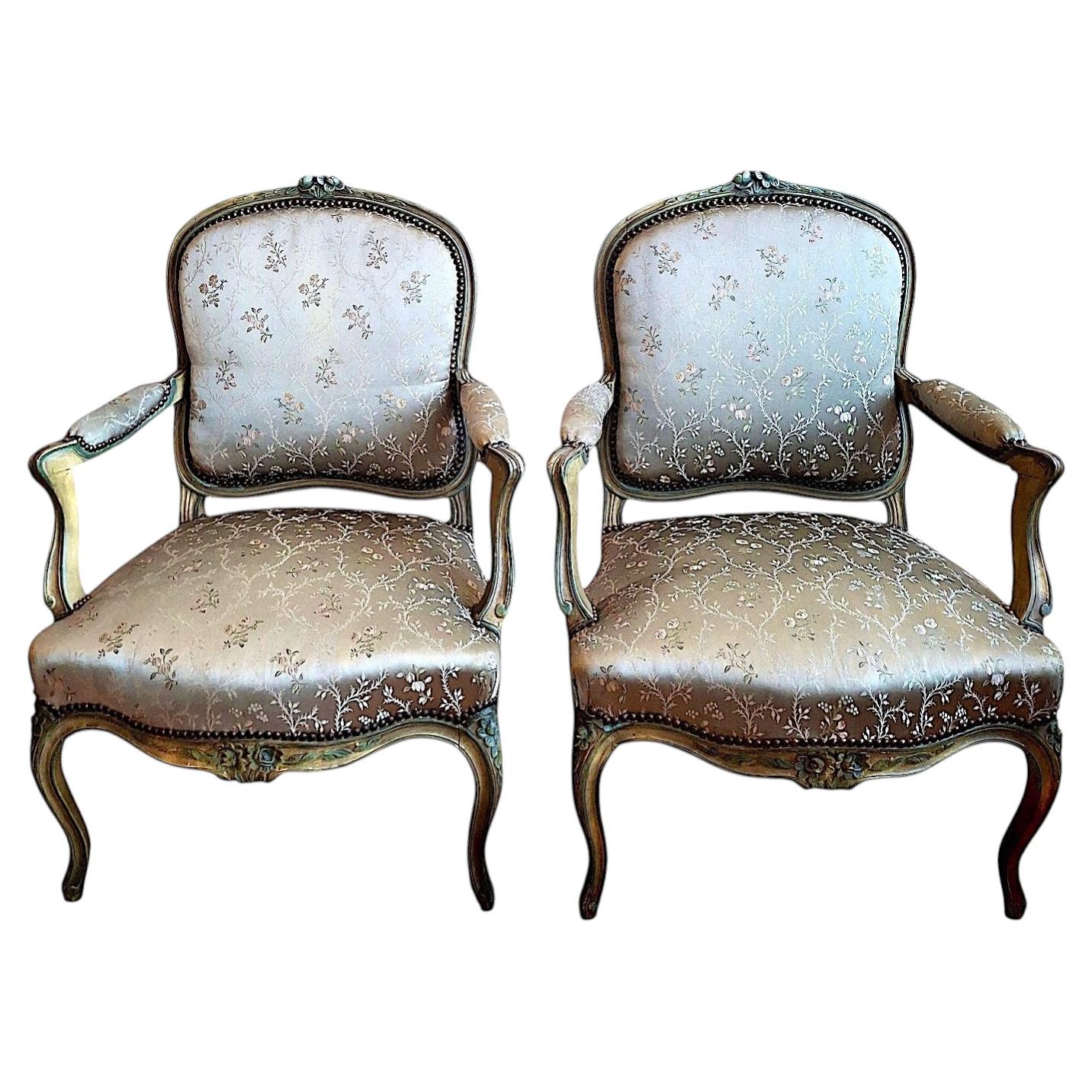 Pair of 19th-century Louis XV-style Painted Armchairs For Sale