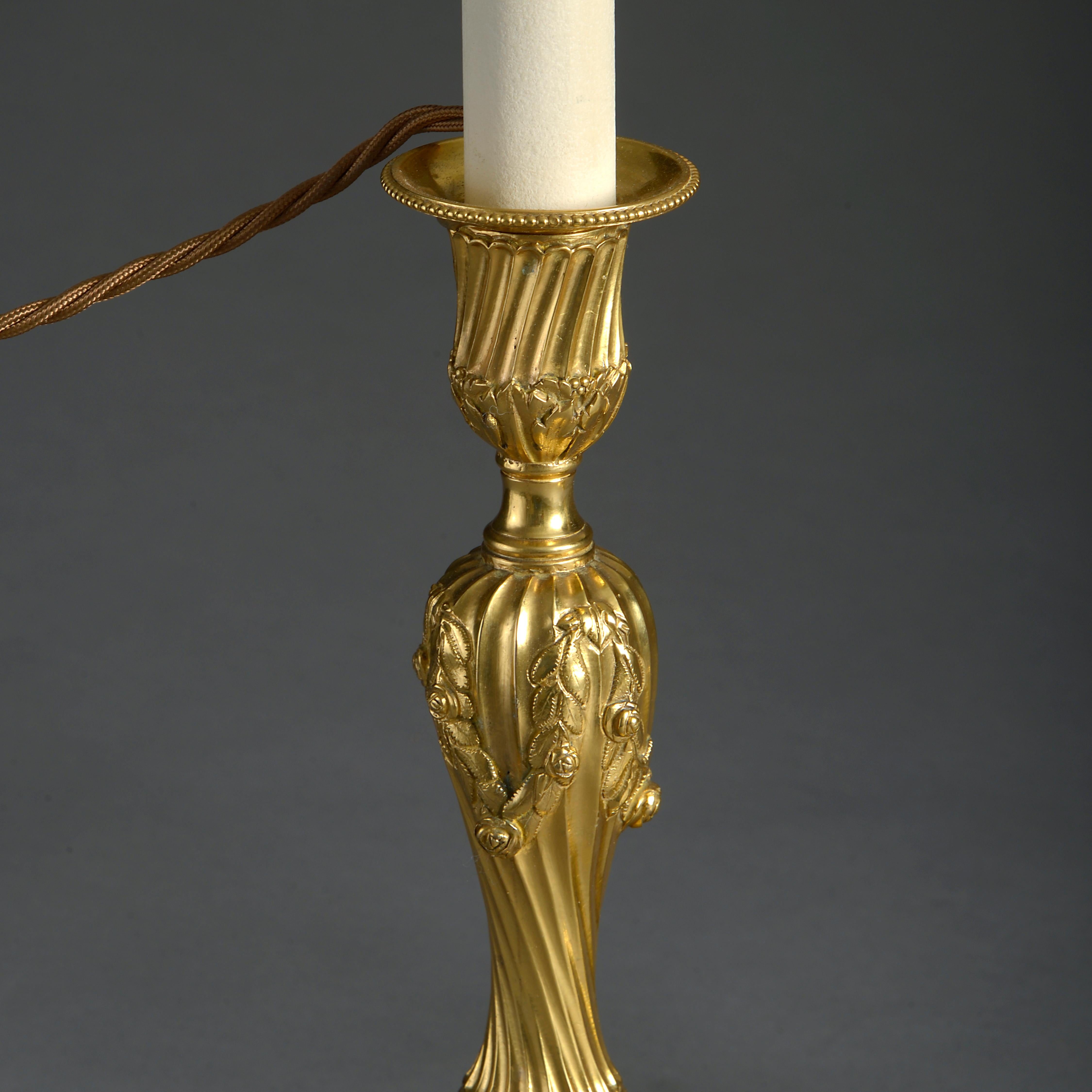 Rococo Revival Pair of 19th Century Louis XV Style Rococo Ormolu Candlestick Lamps