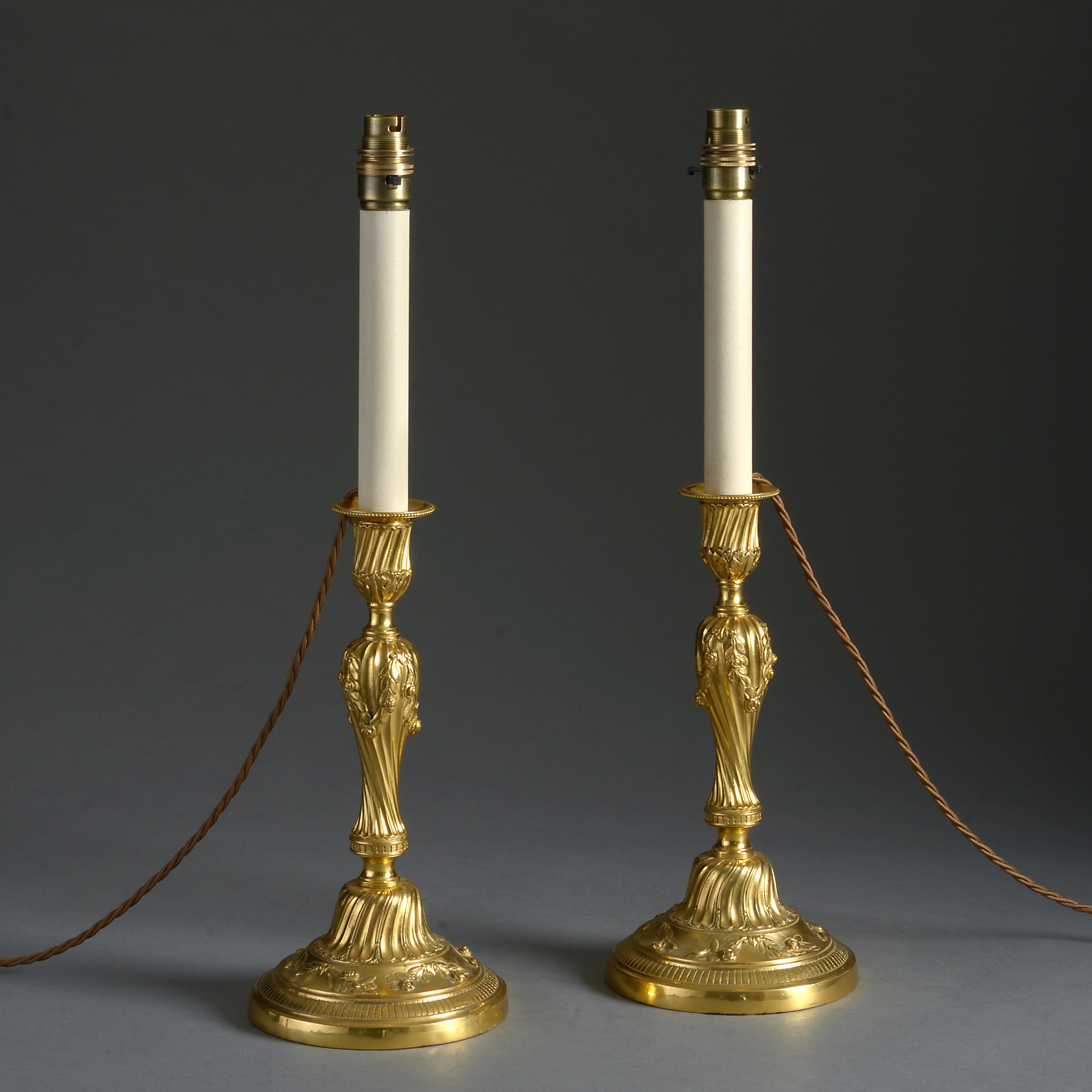 French Pair of 19th Century Louis XV Style Rococo Ormolu Candlestick Lamps