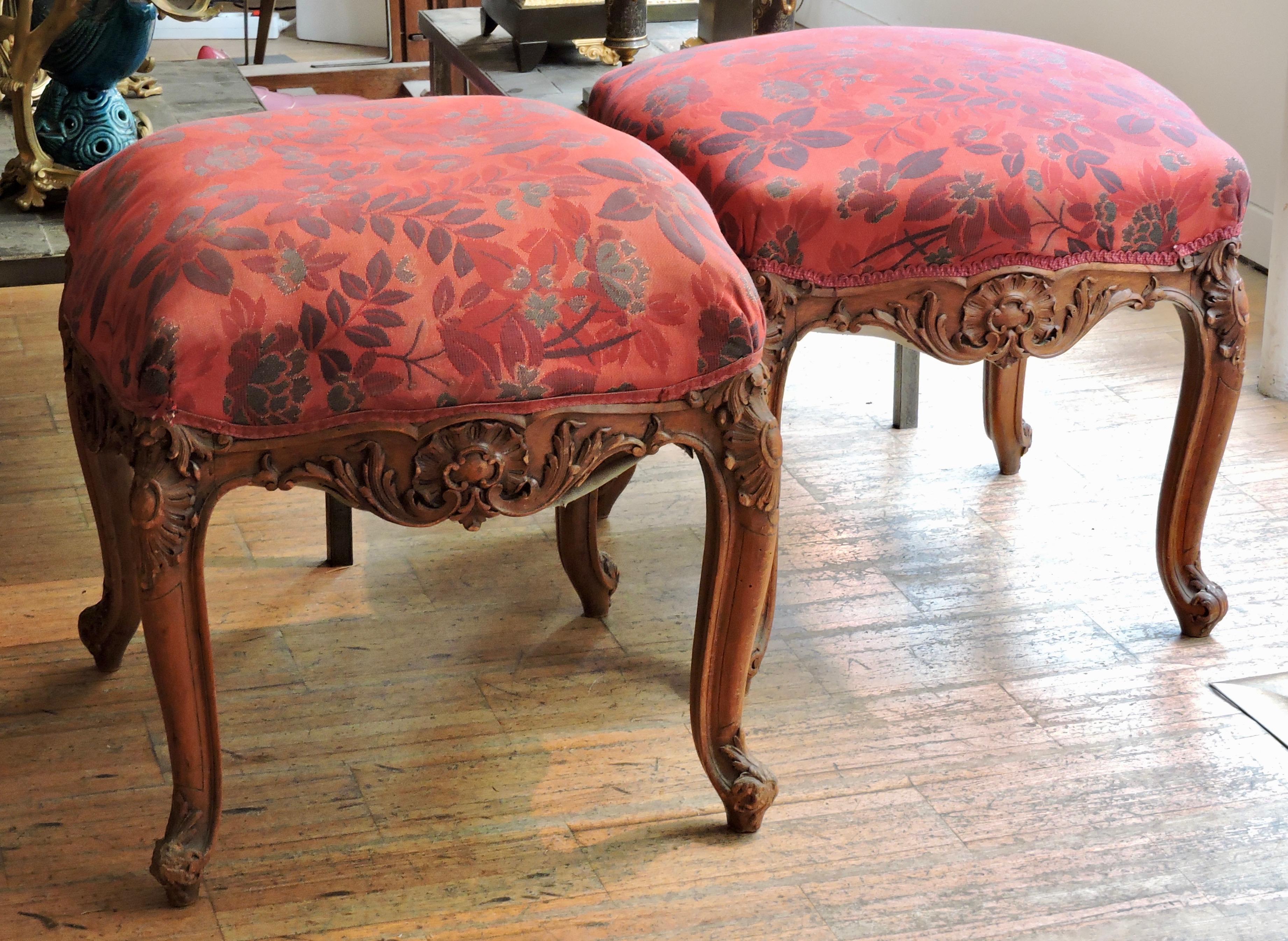 French Pair of 19th Century Louis XV Style Square Stools