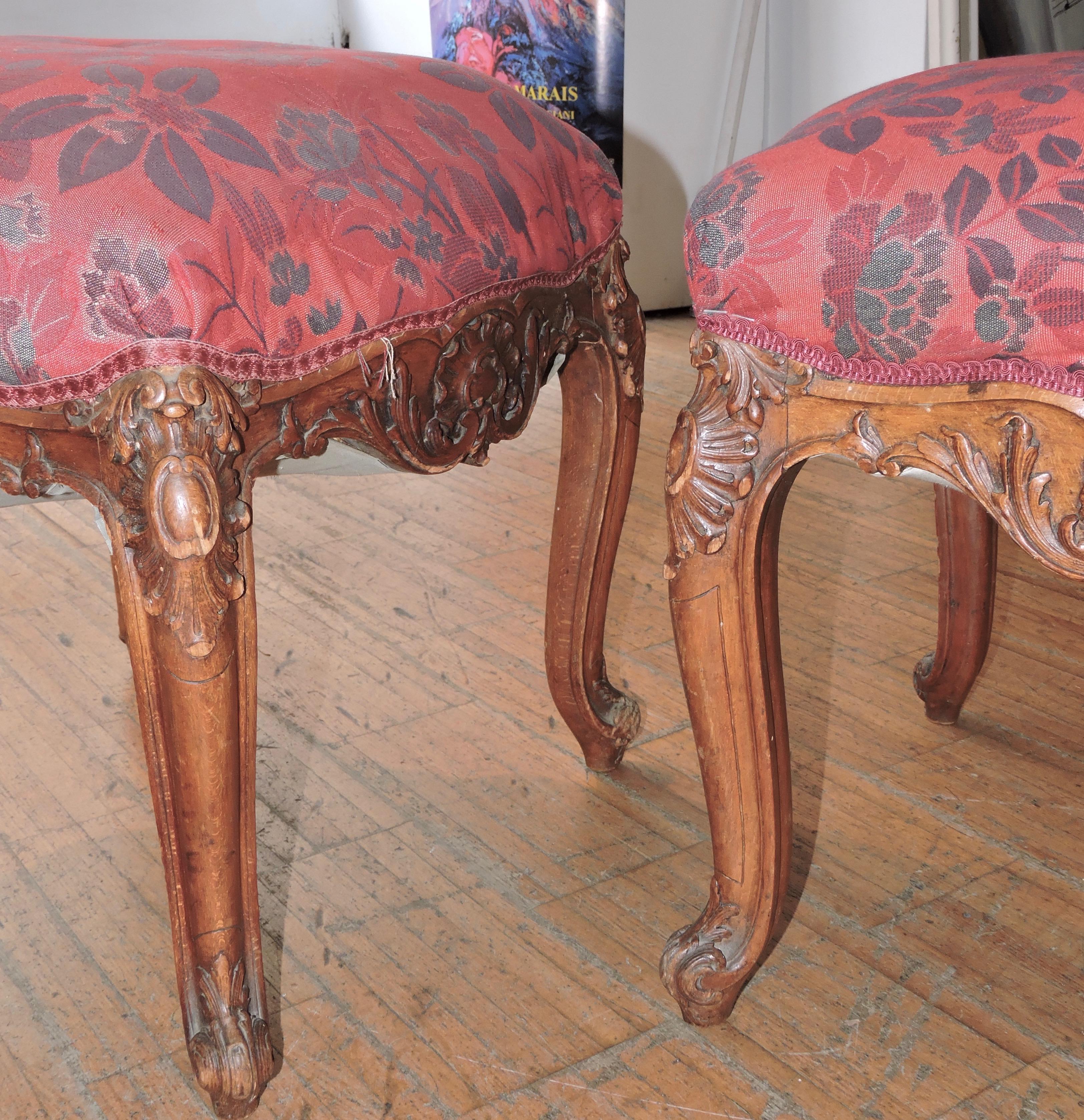 Hand-Carved Pair of 19th Century Louis XV Style Square Stools