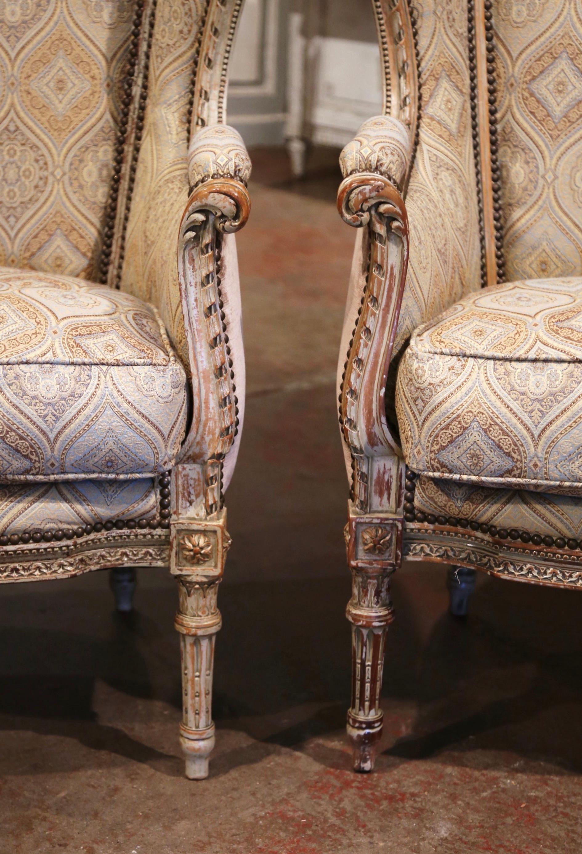 Pair of 19th Century Louis XVI Carved and Painted Ear Shape Fauteuils For Sale 4