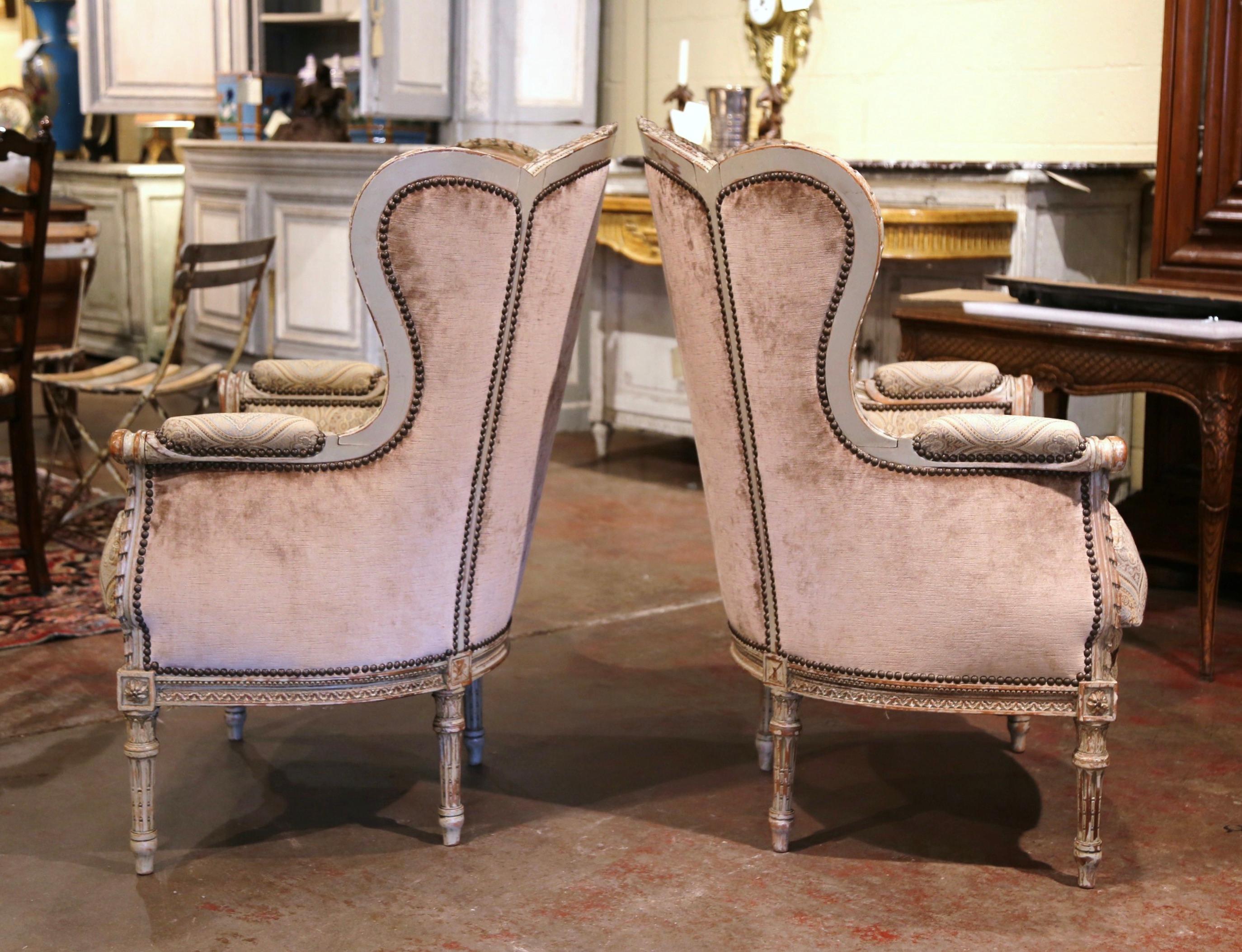 Pair of 19th Century Louis XVI Carved and Painted Ear Shape Fauteuils For Sale 6
